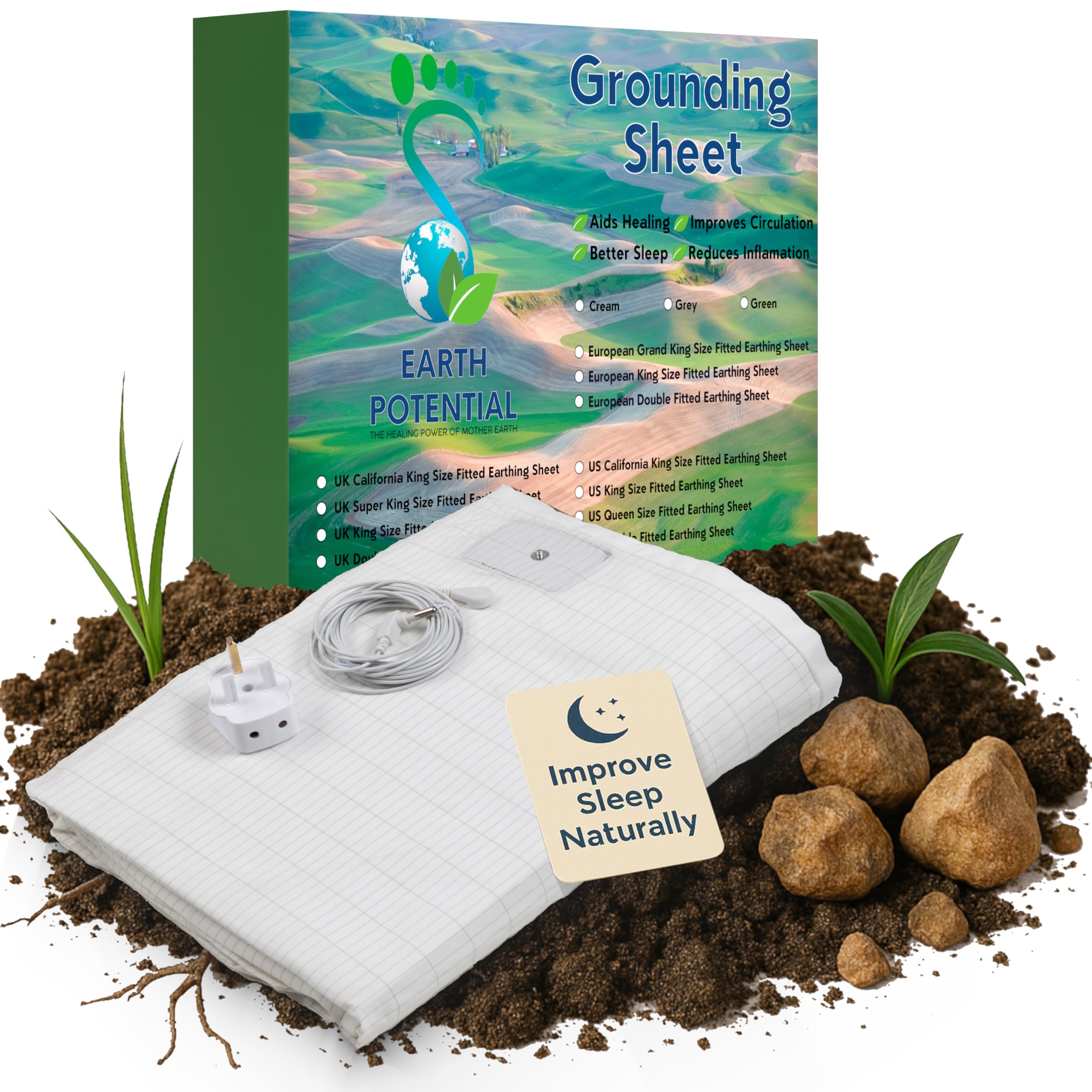 Earth Potential Cream Earthing Fitted Uk King-Size Sheet – 95% Cotton And 5% Soft Silver Thread For Healing And Restful Sleep - Supplied Complete With A 5M Cable And Uk Double Outlet Grounding Plug.