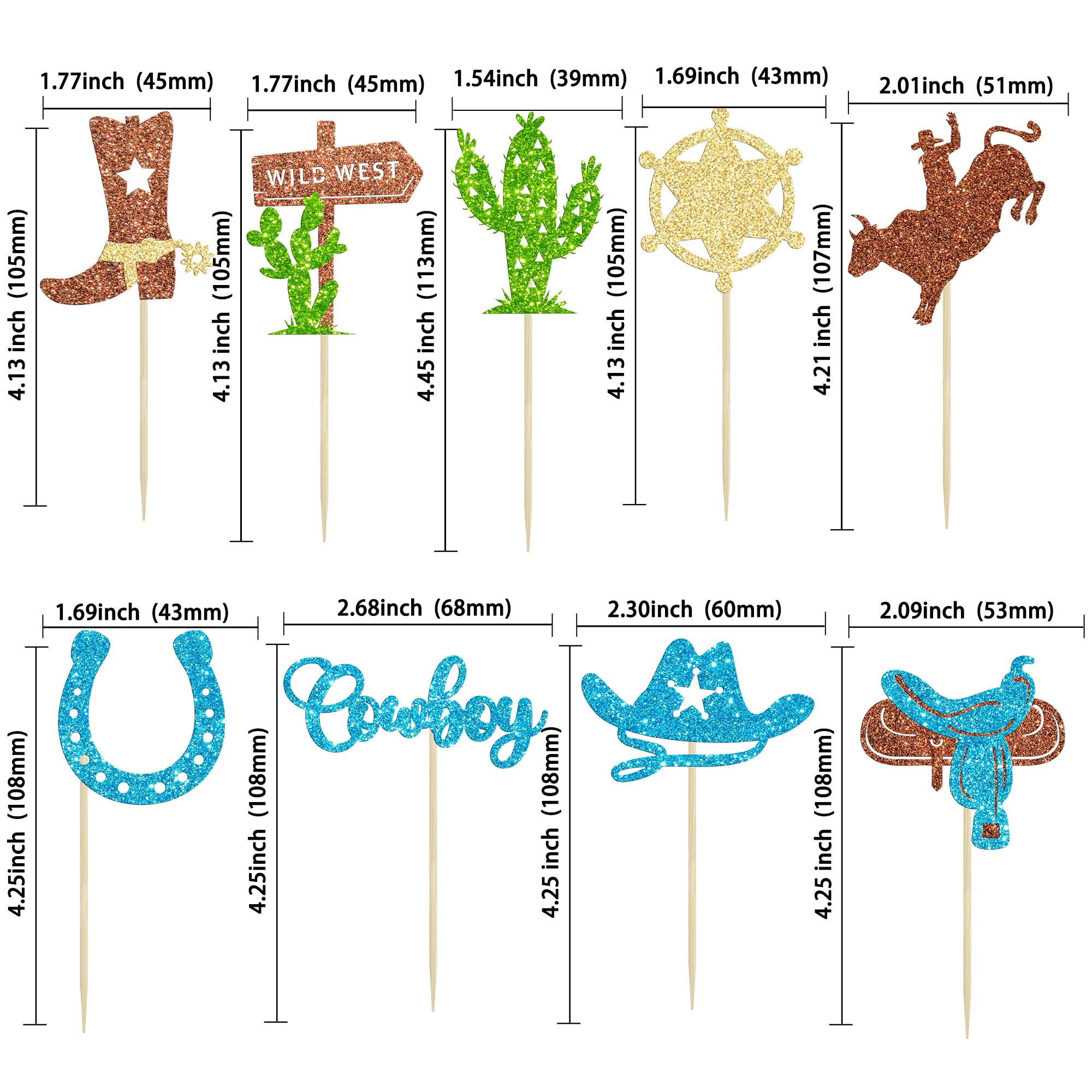 24-Piece Cowboy Cupcake Toppers - Glitter HorseShoe, Hats & Boots For Western Theme Parties
