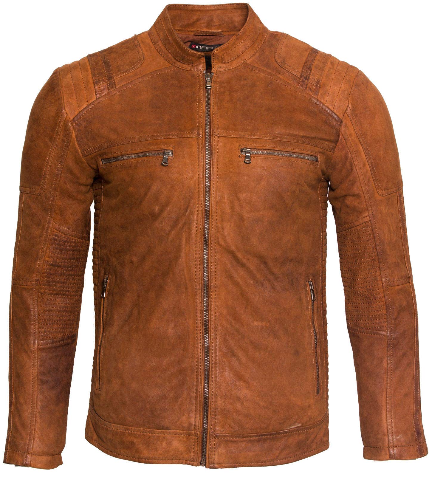 Infinity Leather Men's Tan ’S Casual Buff Leather Cafe Racer Biker Jacket 5XL