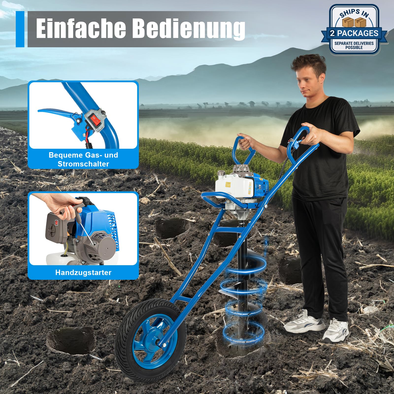 63 CCM Ahoyadora Gasolina Broca de Tierra 2 Tiempos Taladro Jardín 2,2 kW con Ruedas, Broca de 300 mm para Obras Plantación de Jardines, Suelo Suelto Vegetal Cultivo