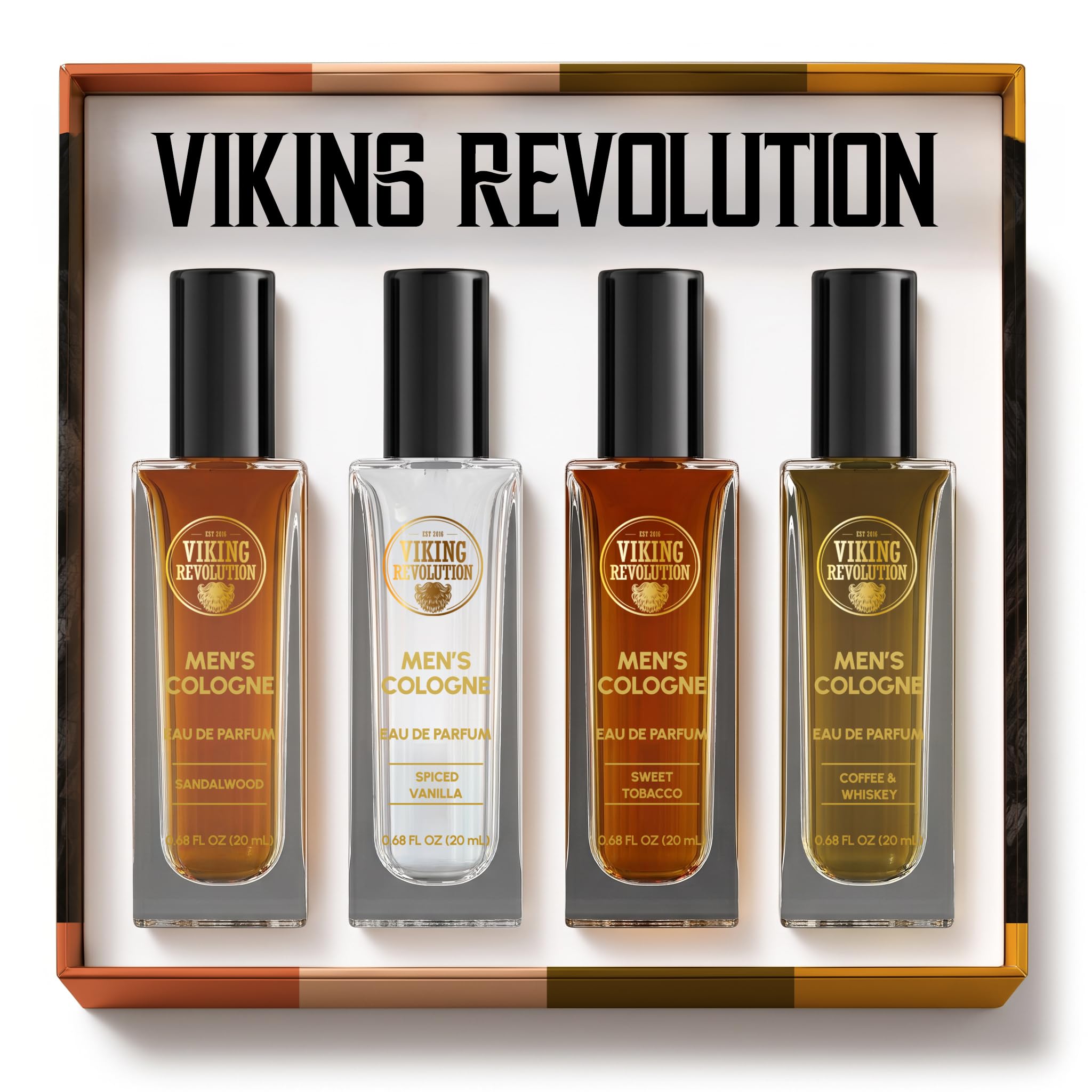 Viking Revolution Mens Cologne Sampler Set - Travel Size 0.68 fl oz(4 Pack) | Travel Size Fragrances - Includes Sandalwood, Spiced Vanilla, Coffee Whiskey & Sweet Tobacco - Gift Set for Men