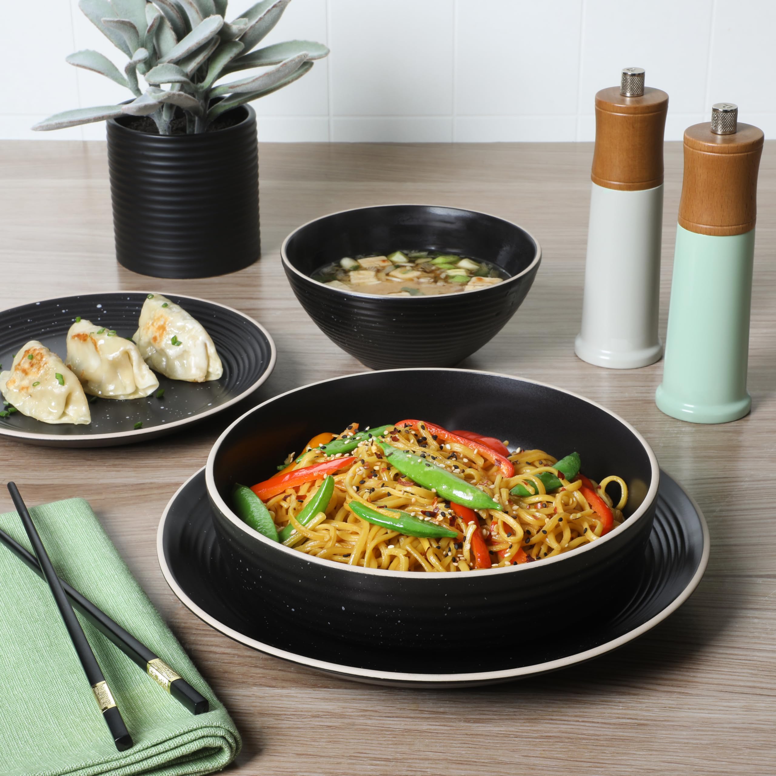 Gibson Home Dinah 16 Piece Double Bowl Stoneware Embossed Speckled Dinnerware Set