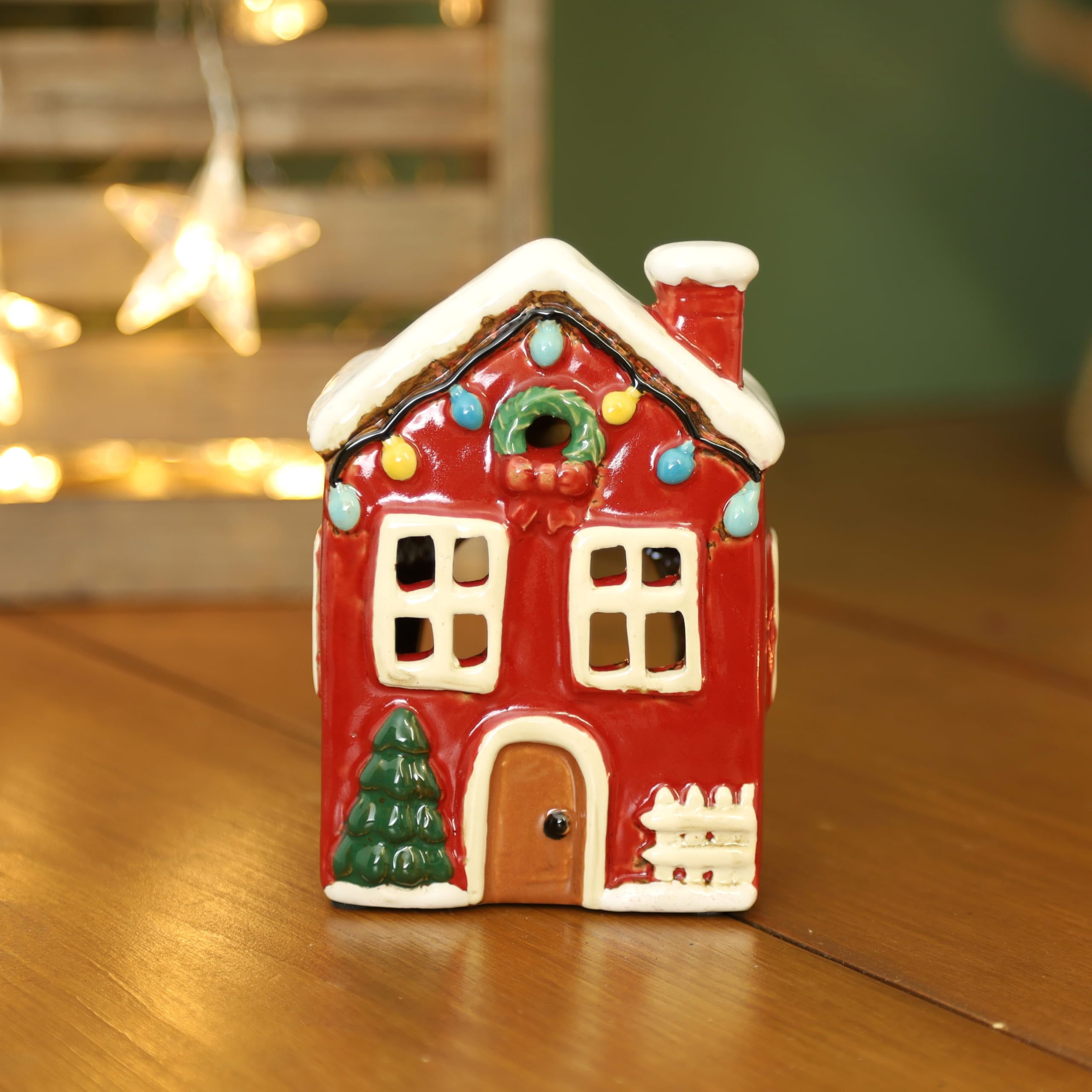 Fyne-Finds Red Ceramic Christmas Wax Melt House Holder Cottage Village Pottery Scene Ornament Xmas Decor Gift