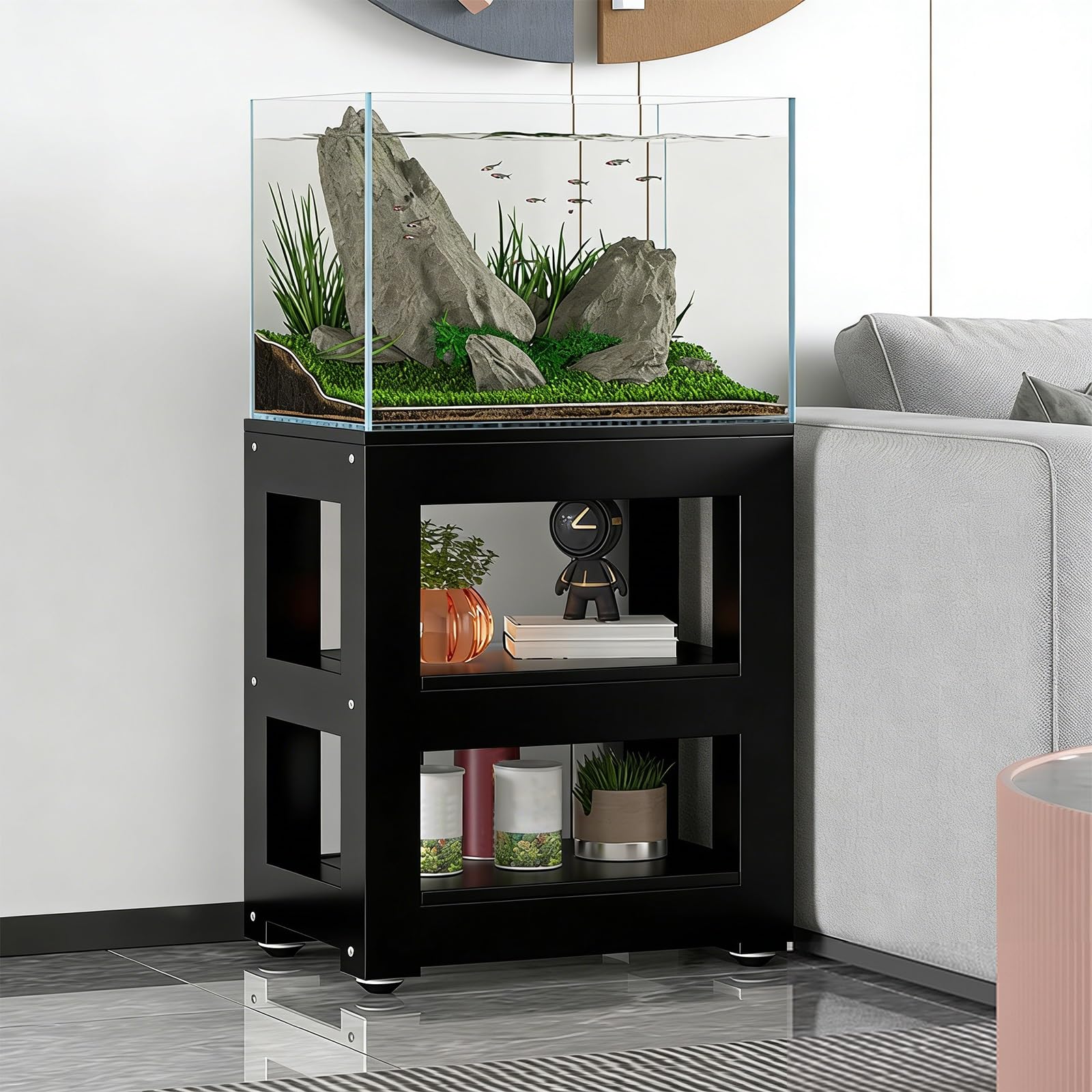 Fish Tank Stand, 3-tier Rack Shelf, Metal Aquarium Stands with Shelves, Aquarium Cabinet Tabletop, Turtle Reptile Terrarium Stand 660lbs Capacity(Black,80x35cm/31.5x13.7in)