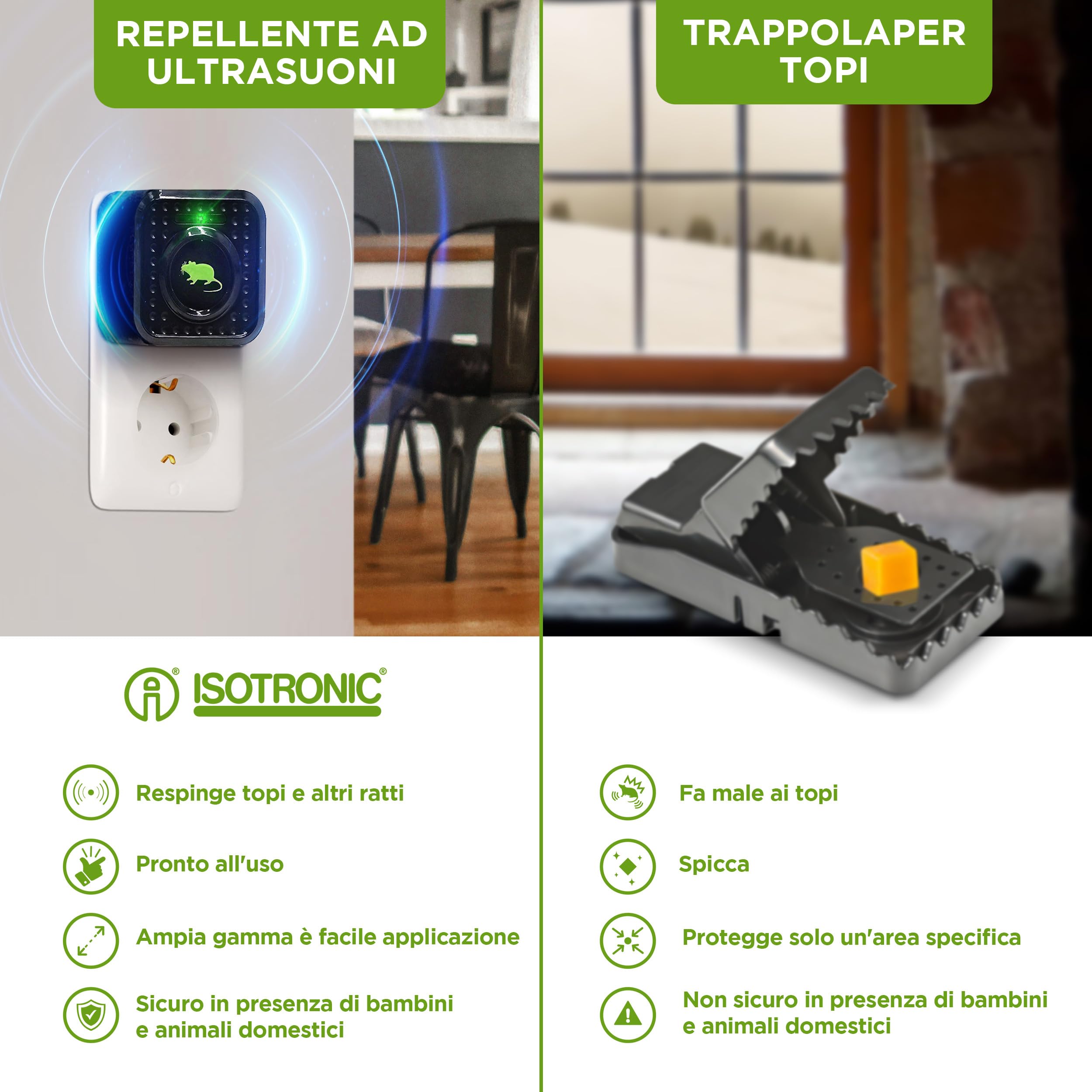 ISOTRONIC repellente topi ultrasuoni ratti dissuasore parassiti interni luce notturna inclusa deterrente senza veleno trappola portata 30m² 5 unità efficace casa soffitta garage protezione difesa