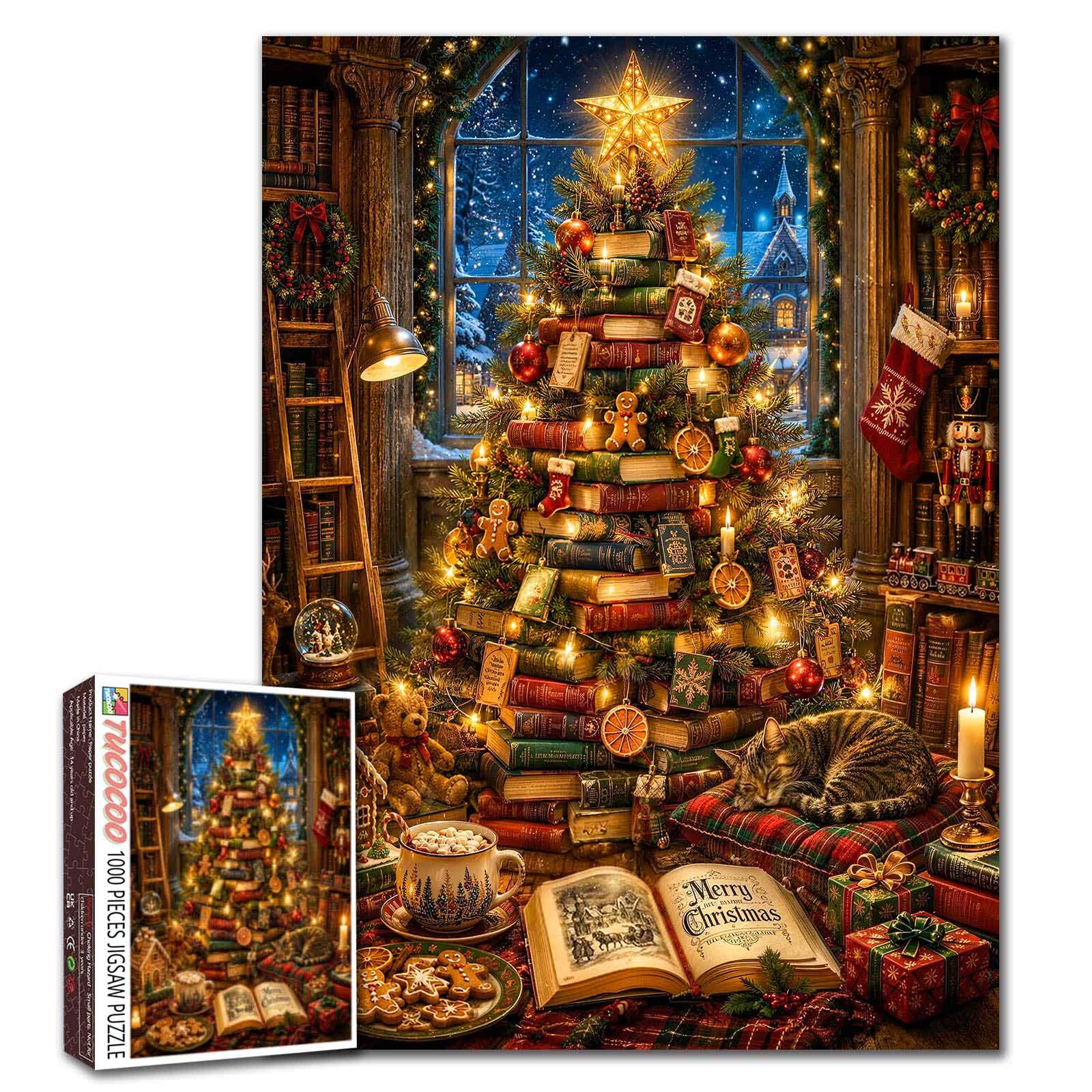 Cozy Christmas Library Jigsaw Puzzles for Adults Christmas Book Tree 1000 Pieces Puzzles for Challenging Family Activity Games Book Lover Gift Jigsaw Puzzle DIY Craft Puzzles Home Decor 19.7"x27.6"