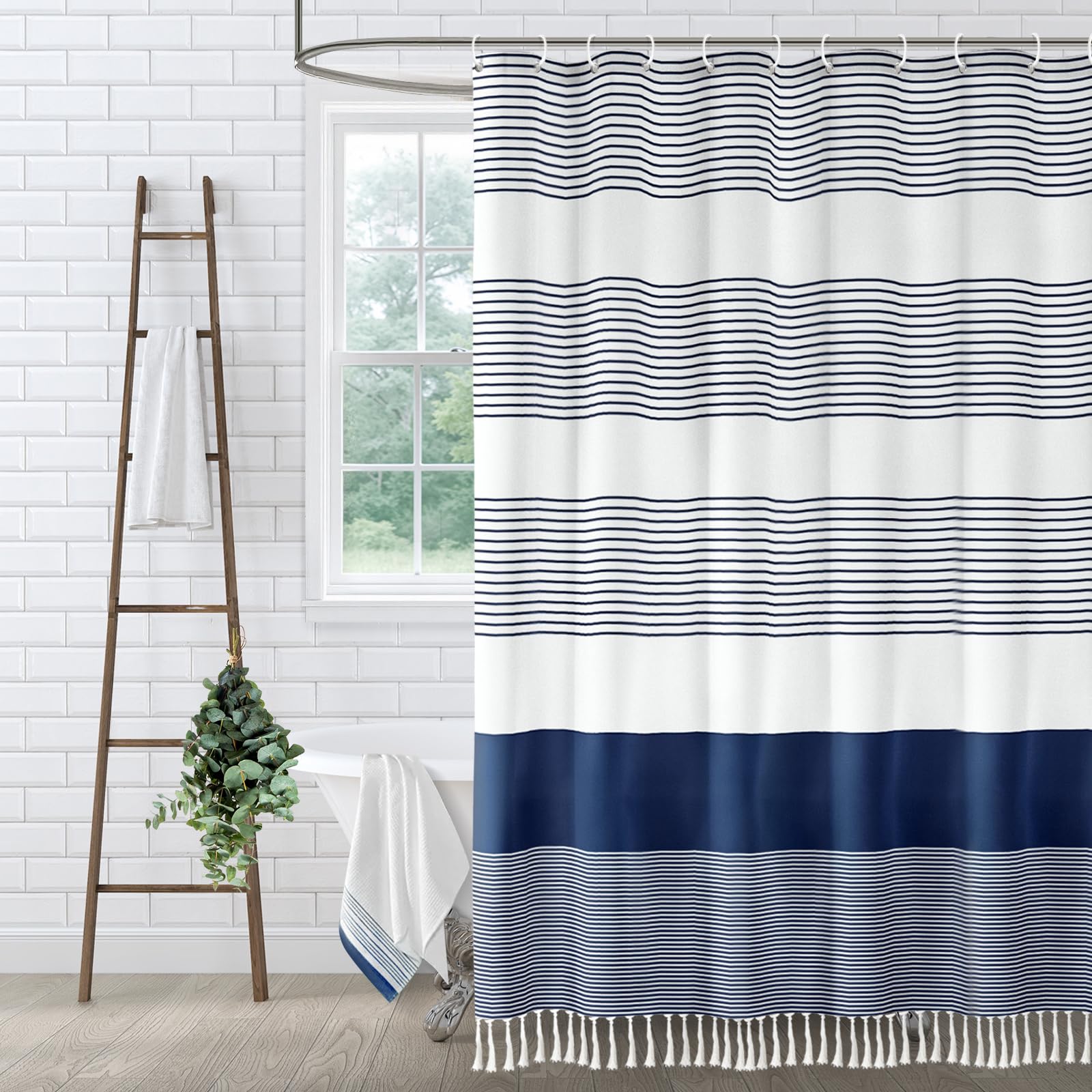 XOGUIBO Extra Long Navy Blue Shower Curtain Cotton Boho Striped Shower Curtains for Bathroom with Tassel 72" W X 84" L