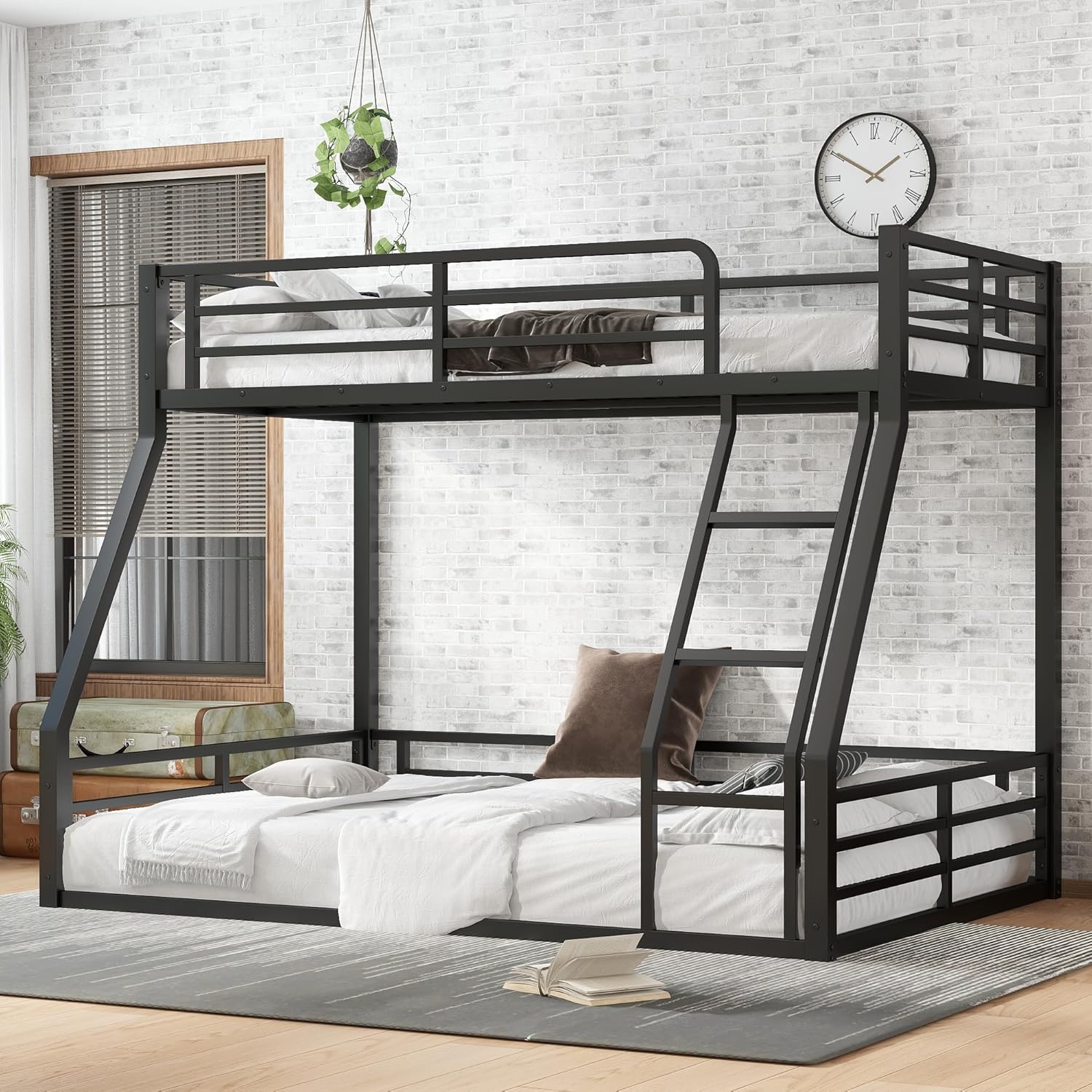 Twin XL Over Queen Bunk Bed Frame with Noise Reduced Design, Heavy Buty Floor Bunk Bed Twin XL Over Queen Bunk Beds with Build in Ladder for Adults, Teens(Black Floor Bunk Bed) Twin XL Over Queen Bunk Bed Frame with Noise Reduced Design, Heavy Buty Floor Bunk Bed Twin XL Over Queen Bunk Beds with Build in Ladder for Adults, Teens(Black Floor Bunk Bed)