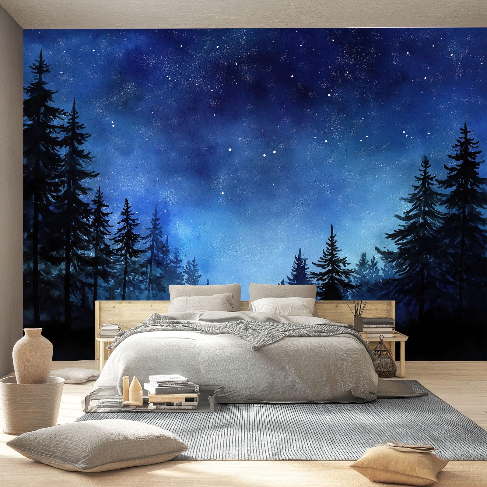 Tapeta Retro Obraz Olejny Głębokie Niebieskie Niebo 400 x 280 cm, Plakat Fototapeta Dekoracja Ścienna Salon Sypialnia Pokój Dziecięcy Czarne Drzewa