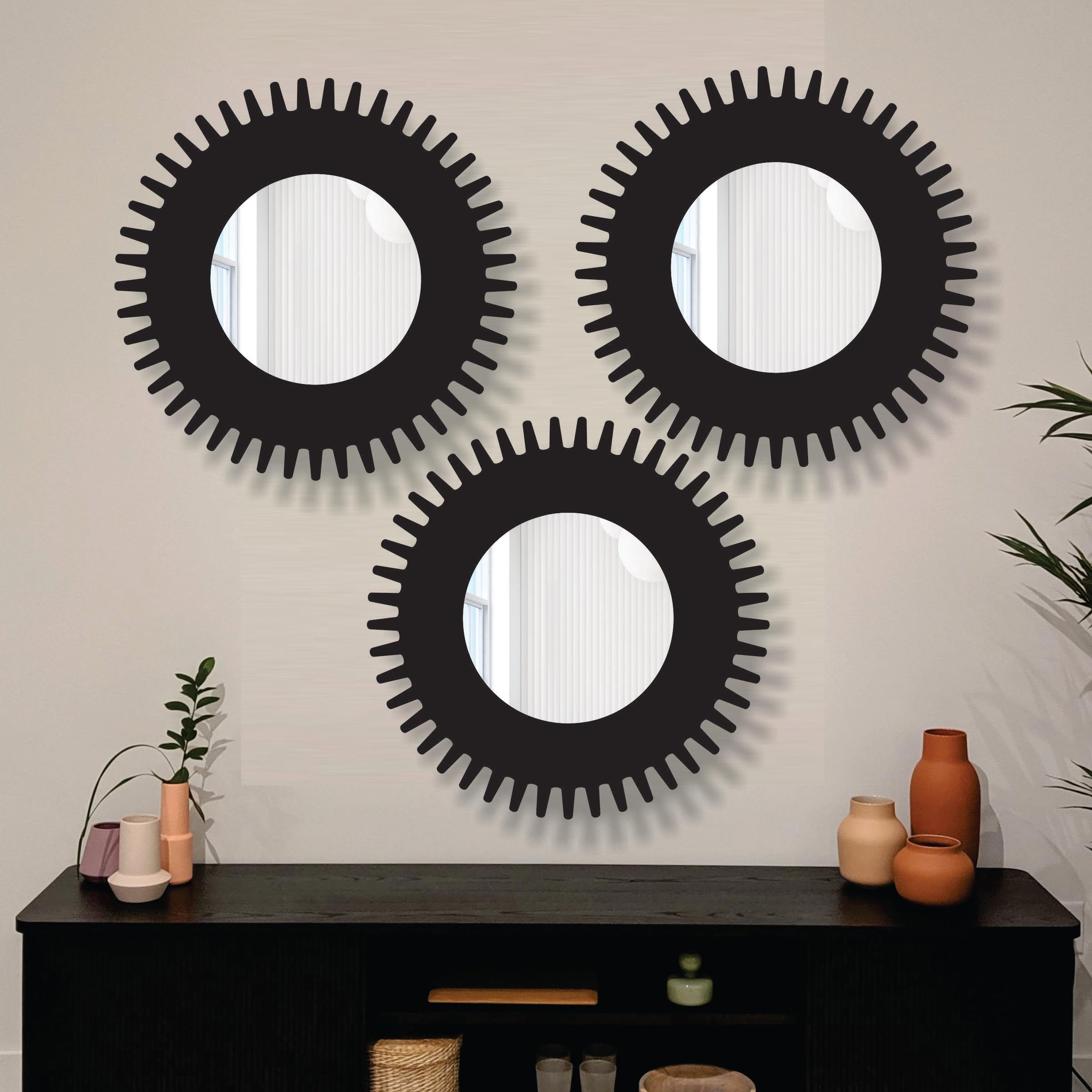 Creative Arts n Frames 11 inch Set of 3 Round Wall Décor Hand Crafted Wooden HD Wall Mirror Panel for Living Room Bedroom Lobby Modern Wall Decor (Black 1)