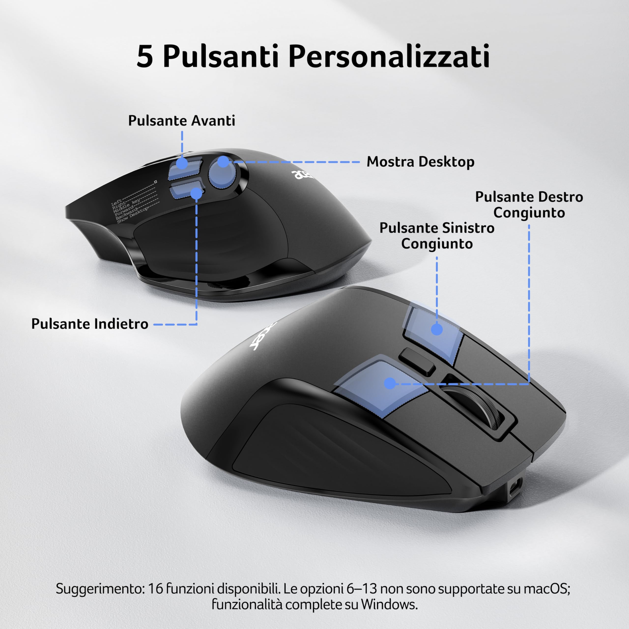 Acer Mouse Wireless Tri-Mode con Schermo OLED, Mouse Bluetooth 4000 DPI | Per 4 Dspositivi (2,4 GHz + Bluetooth 5.2 + cablato), Mouse Ergonomico Ricaricabile, 5 Pulsanti Programmabili per PC