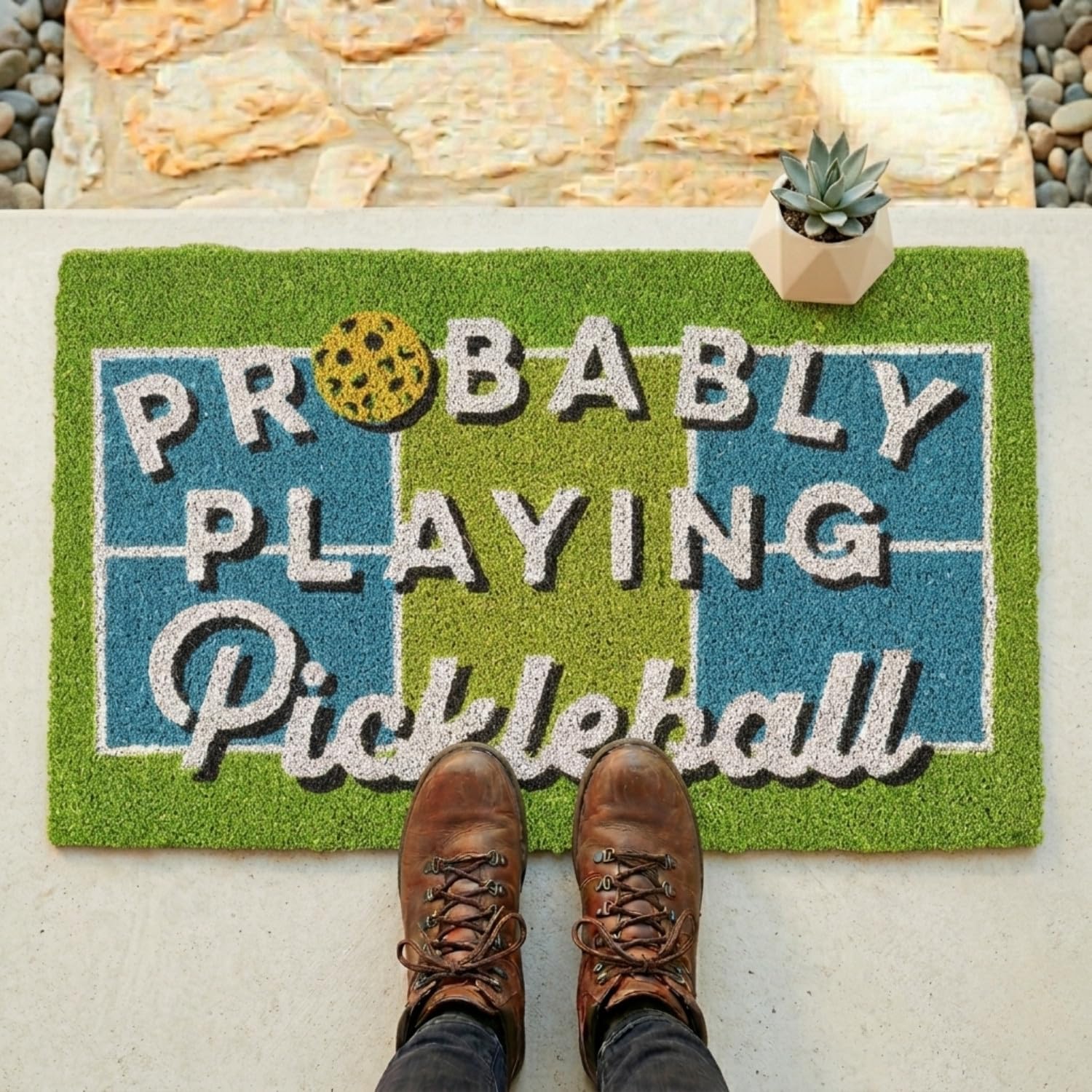 Playing Pickleball Doormat-18x30 L-Eco Friendly Coco Coir Fiber, Durable Anti-Slip Backing Rug, Welcome Indoor Outdoor Doormat for Front Door, Porch, Garage, or Mudroom