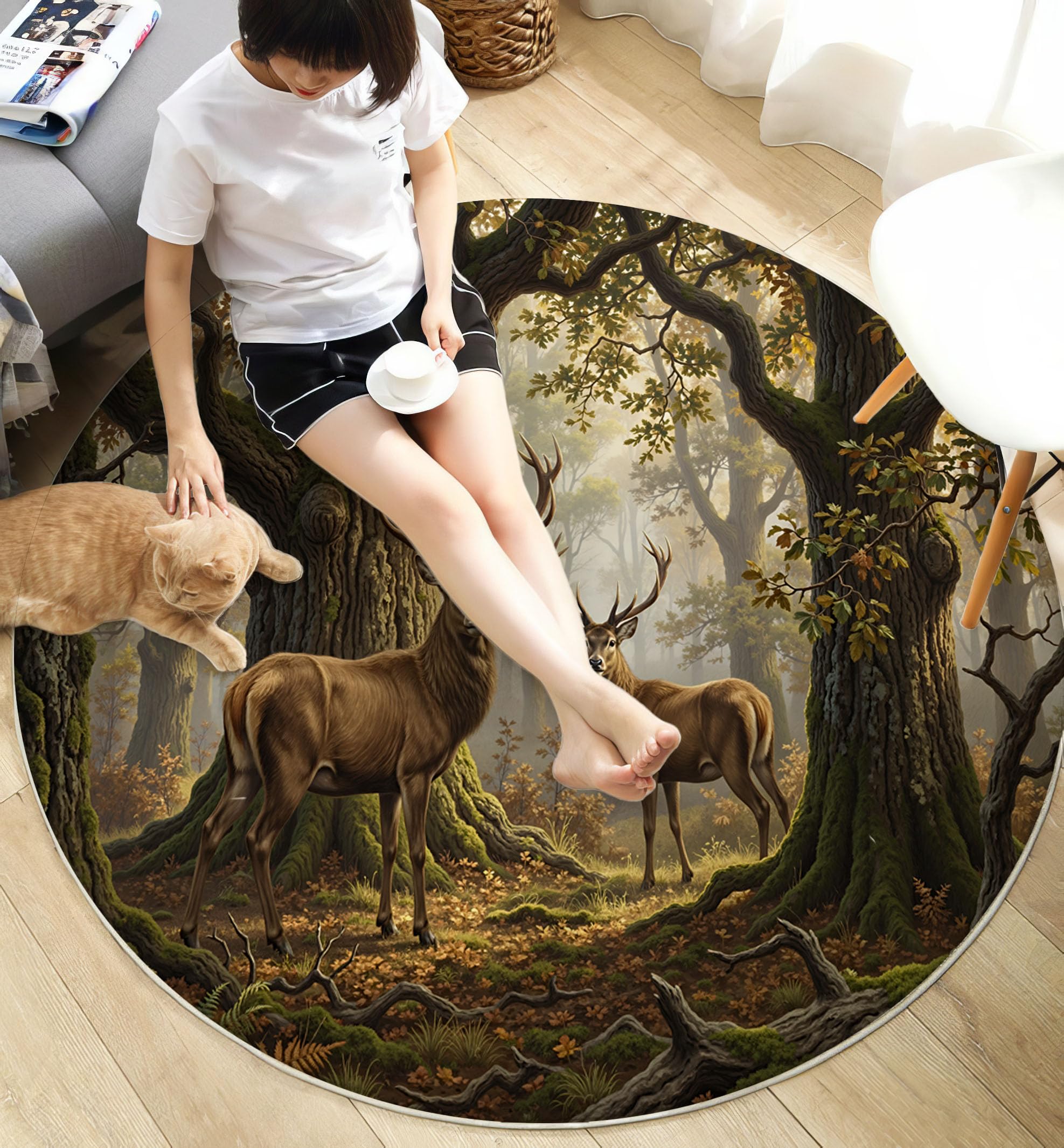 Paysage Animalier Forestier Tapis Rond Lavable 160 Cm | Tapis Intérieur Antidérapant, Soleil Cerfs Prairie Poil Ras Facile À Nettoyer Pour Entrée Cuisine, Vert Olive