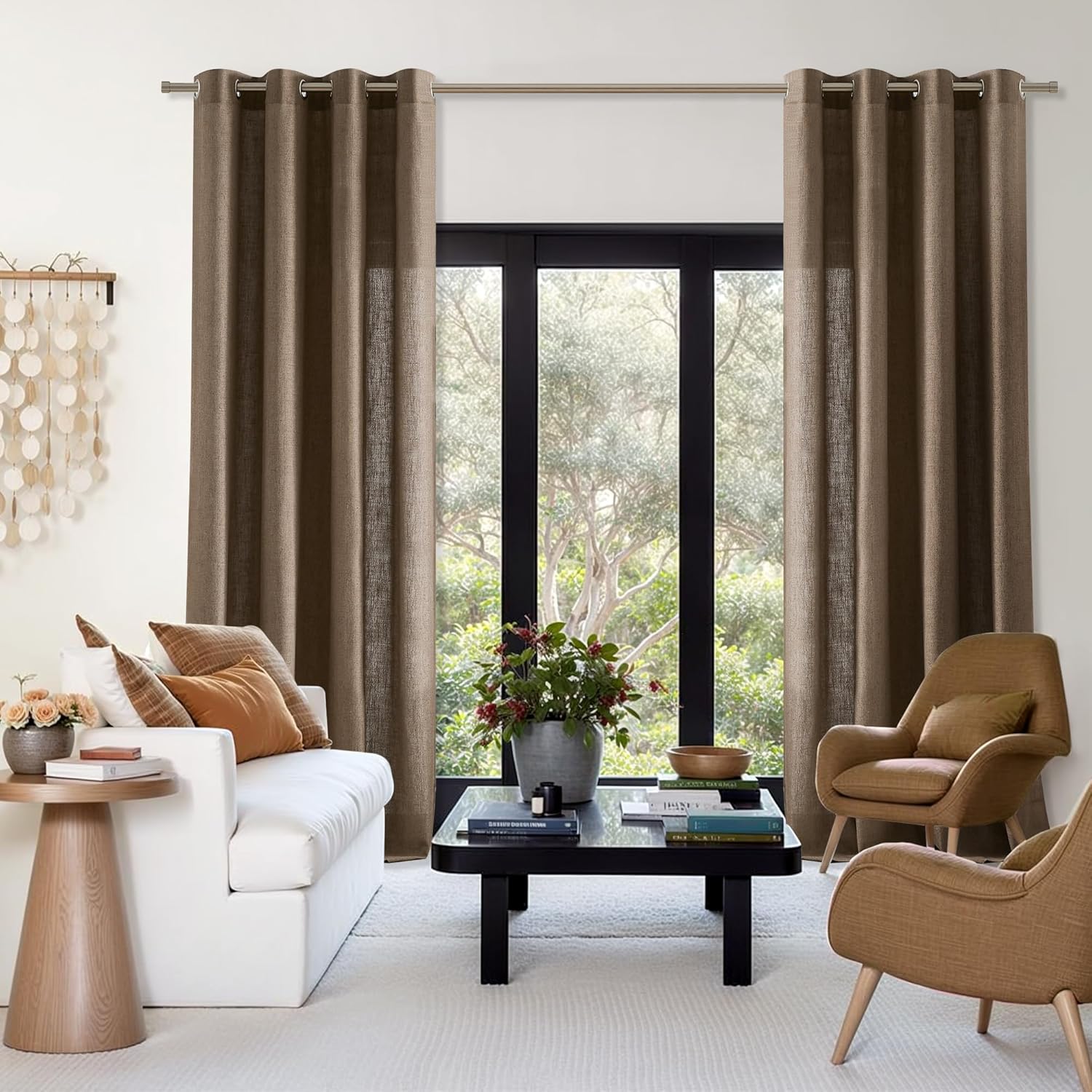 Central Park Linen Grommet Semi Sheer Curtain Panel 102 Inches Long for Living Room, Flax Linen Blended Farmhouse Rustic Light Filtering Window Treatment Drape for Bedroom, Café Brown, 58"x102"x2
