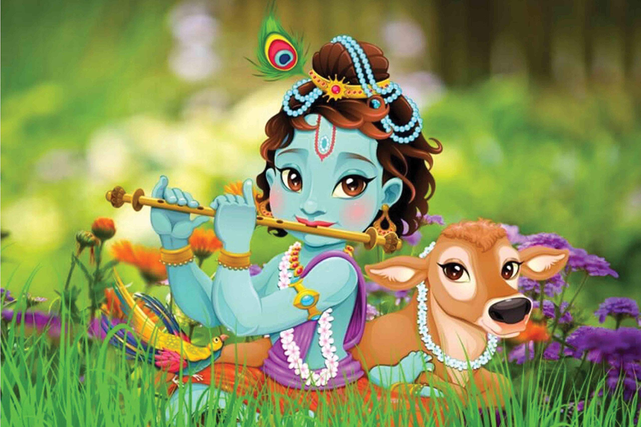 Religious Cartoon Sticker Poster|Hindu Religious Bal Krishan Wall Poster|Bhagwan Poster For Pooja|Poster For Living Room, Office, Sitting Area|Decorative Interior Wall Poster|Self Adhesive Wall Sticker Poster