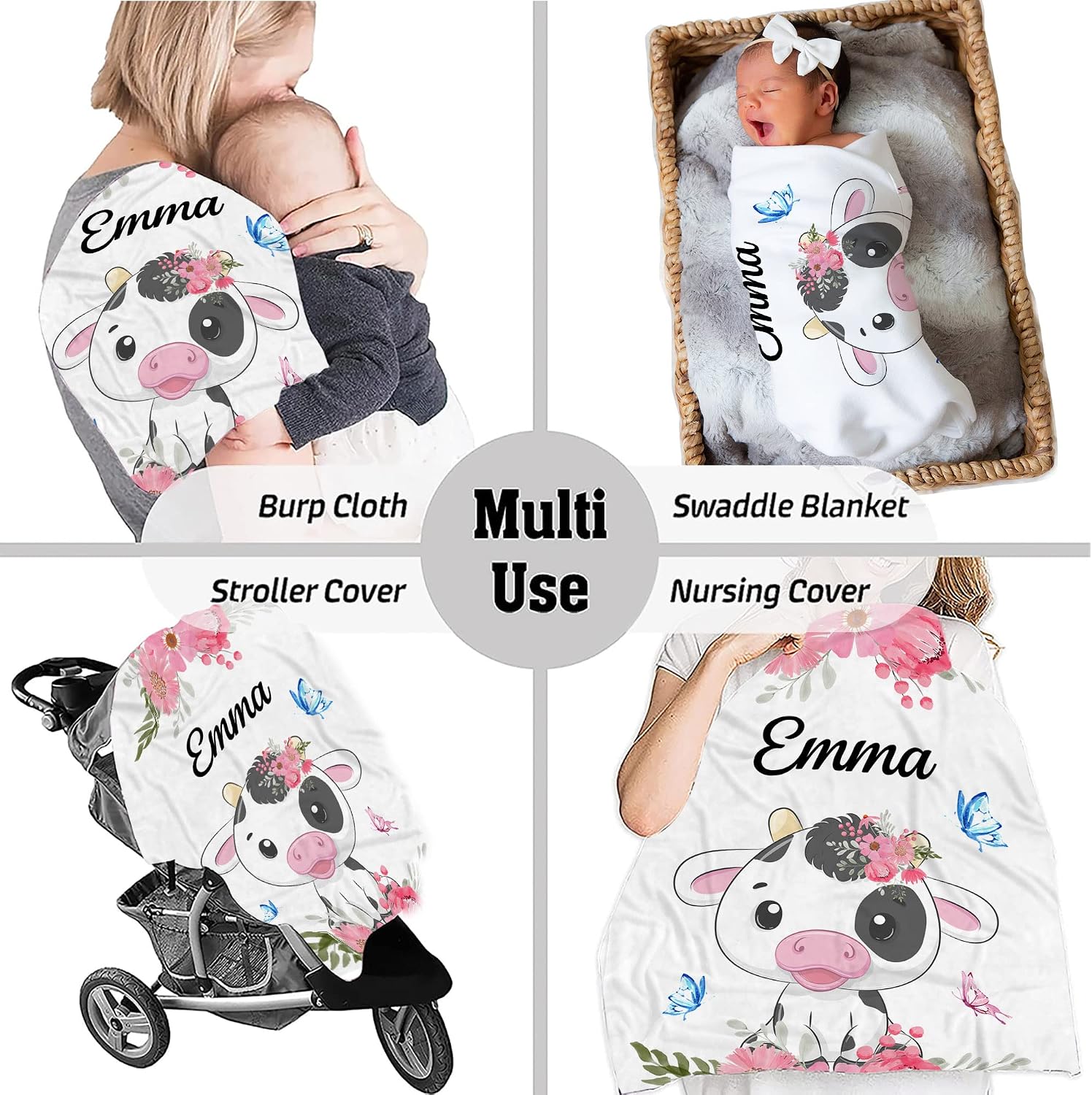 Personalized Floral Cow Baby Blanket,Custom Name Farm Animal Nursery Throw, Pink Flowers Soft Fleece Swaddle, Cute Calf Newborn Wrap, Butterfly Infant Bedding, Cozy Pastel