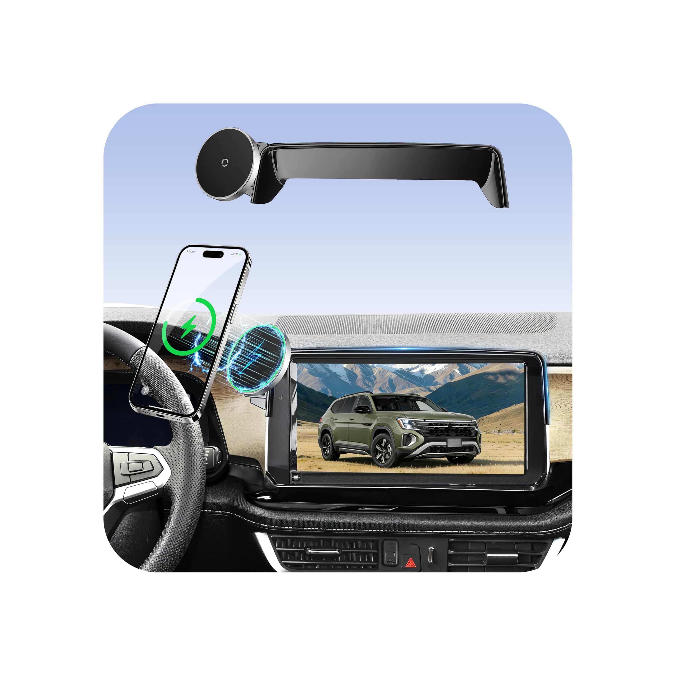 Magnetic Phone Holder for Volkswagen Atlas (2024 2025 2026, 12inch) / VW Altas Cross Sport, 15W Wireless Car Charger for iPhone &amp; Samsung, 360 &amp; Hands Free, with Storage Box, New Car Accessories