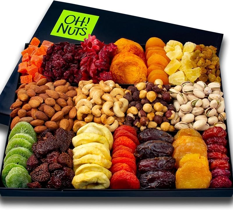 ¡Oh! Cesta de regalo de frutos secos y frutos secos - XL 18 cestas de regalo gourmet variadas de frutas y frutos secos - Caja de regalo navideña - Caja de aperitivos para cumpleaños, empresa - Regalo para hombres y mujeres