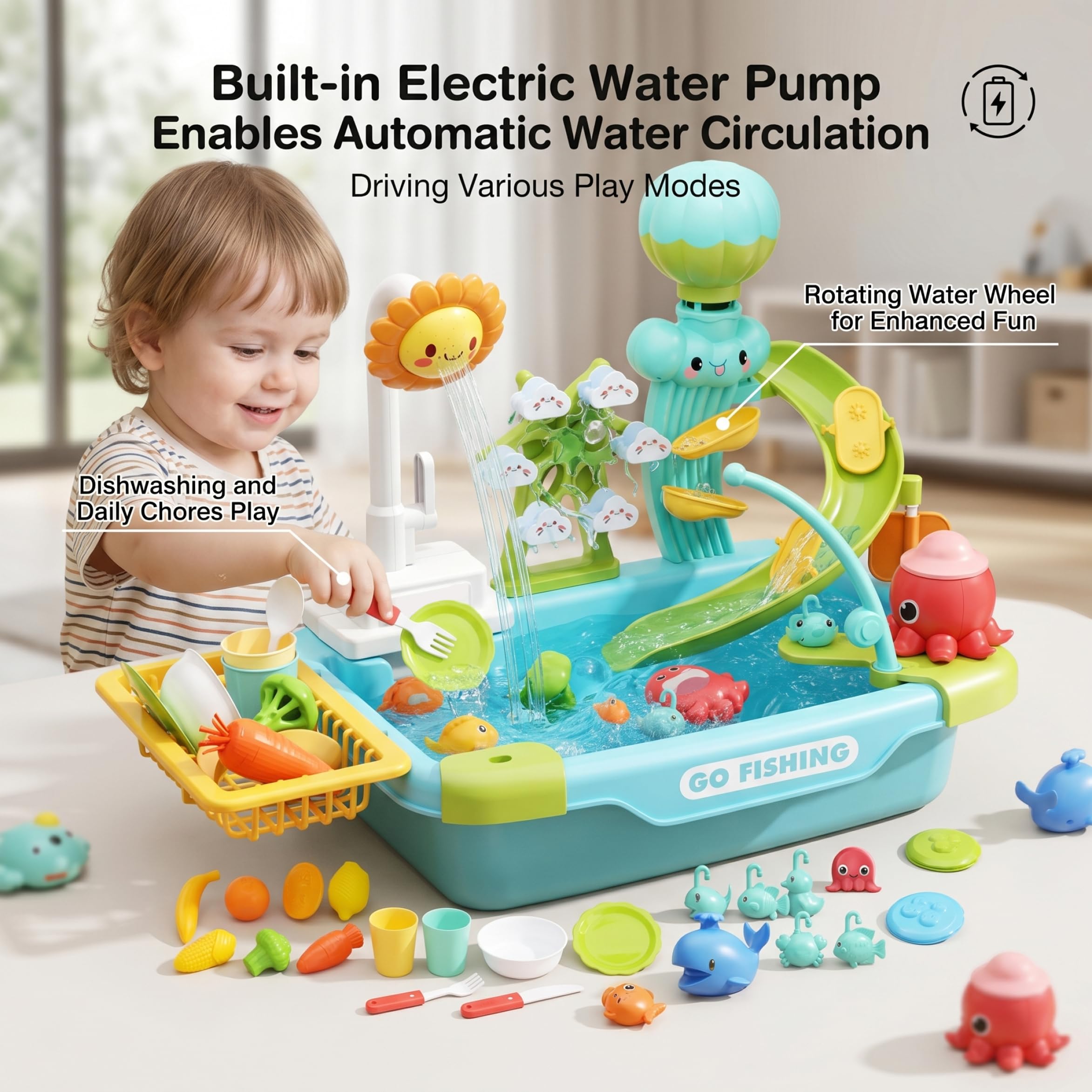Kleinkind-Waschbecken mit fließendem Wasser, Kinderspielspielzeug-Set – multifunktionaler Wasserspieltisch mit automatischer Zirkulation, großes Fassungsvermögen für Indoor-Outdoor-Spaß, Oktopus