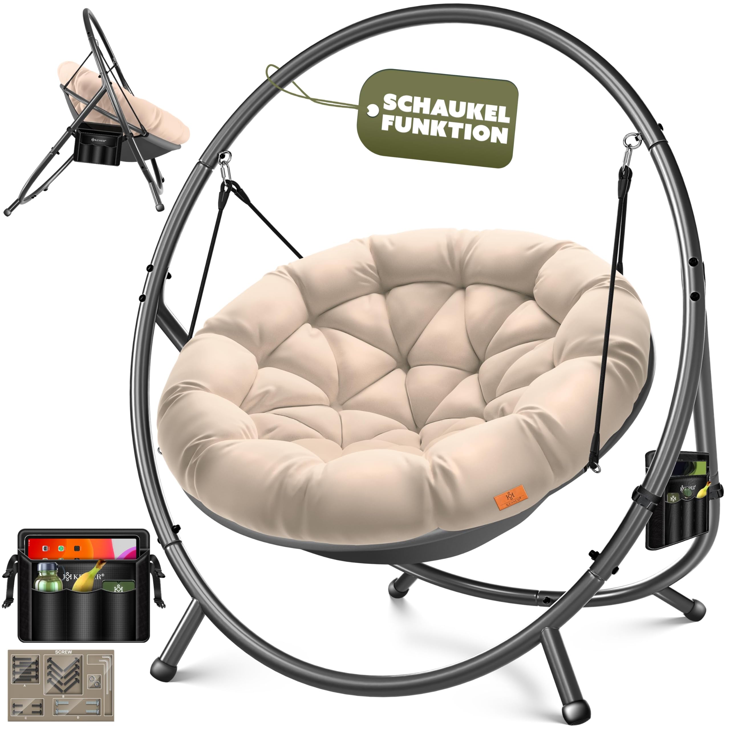 KESSER® Hängesessel mit Gestell Bali Hängeschaukel Hängestuhl bis 150kg für Indoor und Outdoor + Kissen & Seitentasche Hängekorb Stahlgestell & Schaumstoff Sitzpolster