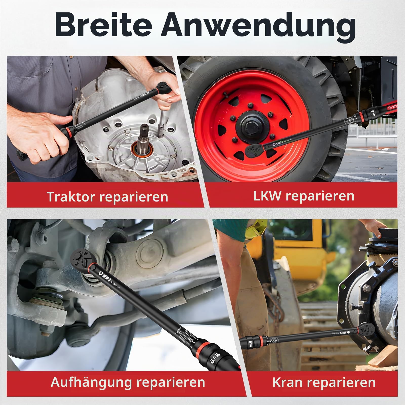 VANPO Drehmomentschlüssel 1/2 Zoll, 60–400 Nm für LKW, SUV, Auto, 72 Zähnen | ±3% Genauigkeit, 55.6cm Hebelarm, Ergonomischer Griff,Präziser Klick, inkl.1/2" auf 3/8" Adapter, 125 mm Verlängerungsstange