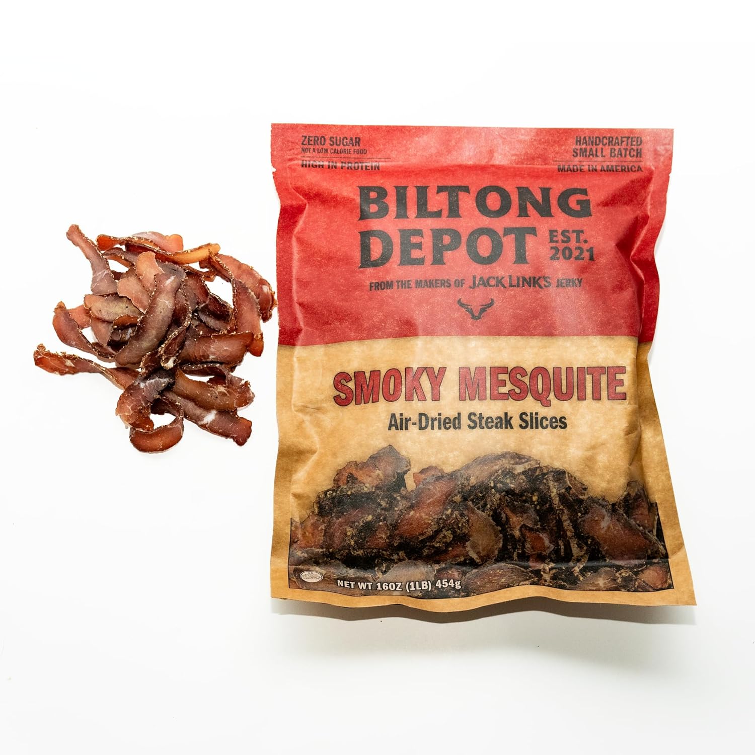 Biltong Depot Smoky Mesquite Biltong Slices - 1lb (16oz) | Air-Dried Beef Jerky Snack | High Protein | Paleo and Keto friendly | Zero Sugar | Gluten Free | No Artificial Preservatives | No MSG