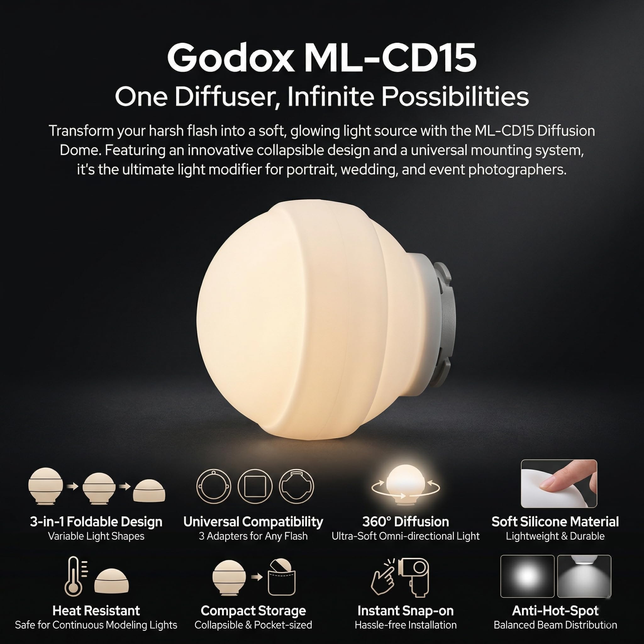 Godox ML-CD15 Soft Dome Diffuser Kit con 3 Adattatori, compatibile con Godox V100, V1 Pro, AD200Pro II, AD100Pro, AD300Pro, AD400Pro, V860III, ML30, ML30Bi, ML100Bi, ML100R, ML60Bi, ML60IIBi e altro