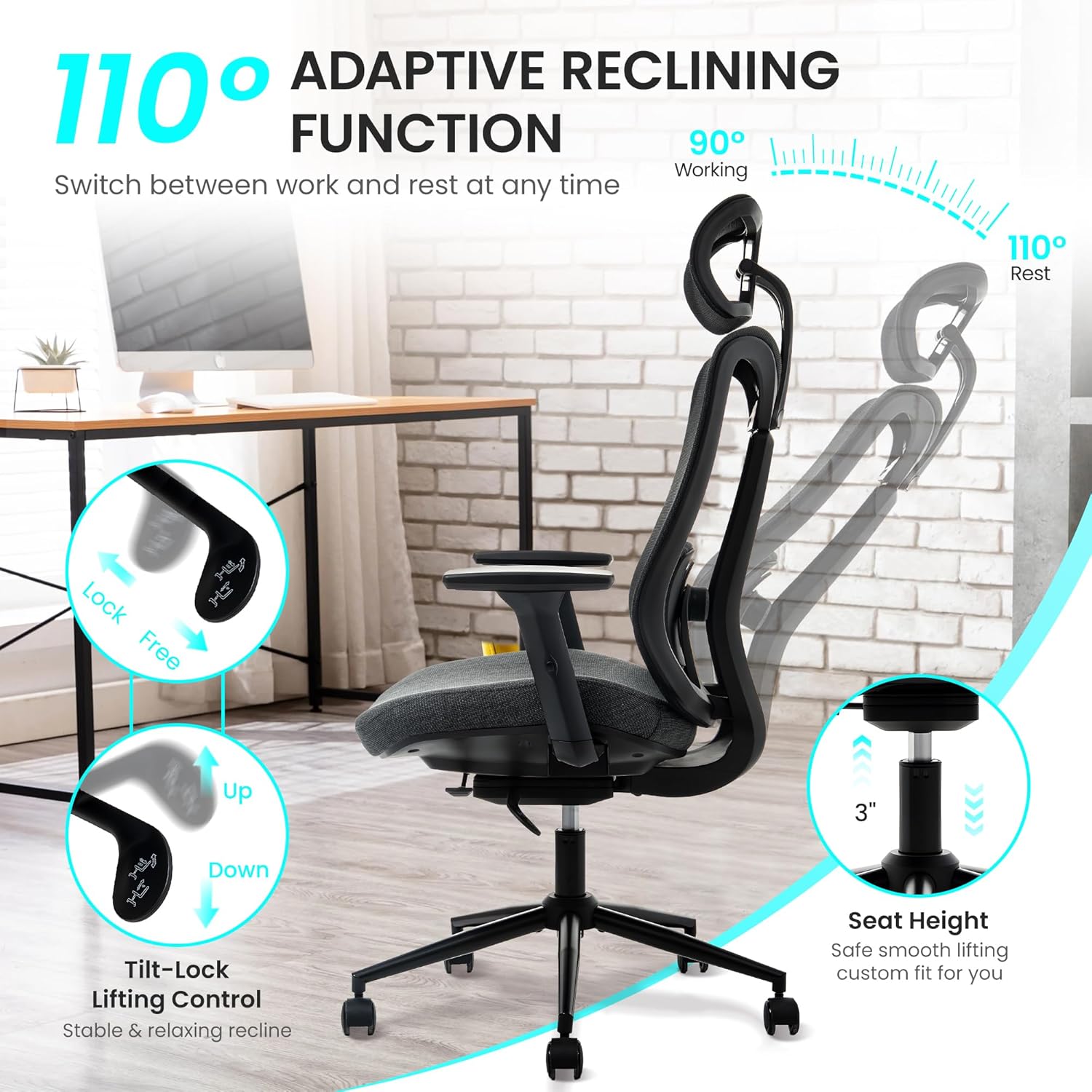 LuxErgo Ergonomic Office Chair Mesh Desk Chair High Back Task Chair with Adjustable Lumbar Support & Seat Depth, Big and Tall Swivel Computer Chair with Wheels for Home Office, Black