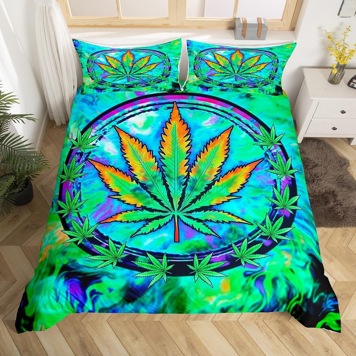 Cannabis Leaf Duvet Cover Set Full Size,Marijuana Weed Psychedelic Bedding Set,Boys Girls Room Deocr,Tie-dye Graffiti Trippy Comforter Cover,Blue Green Quilt Cover,2 Pillowcases(No Comforter)