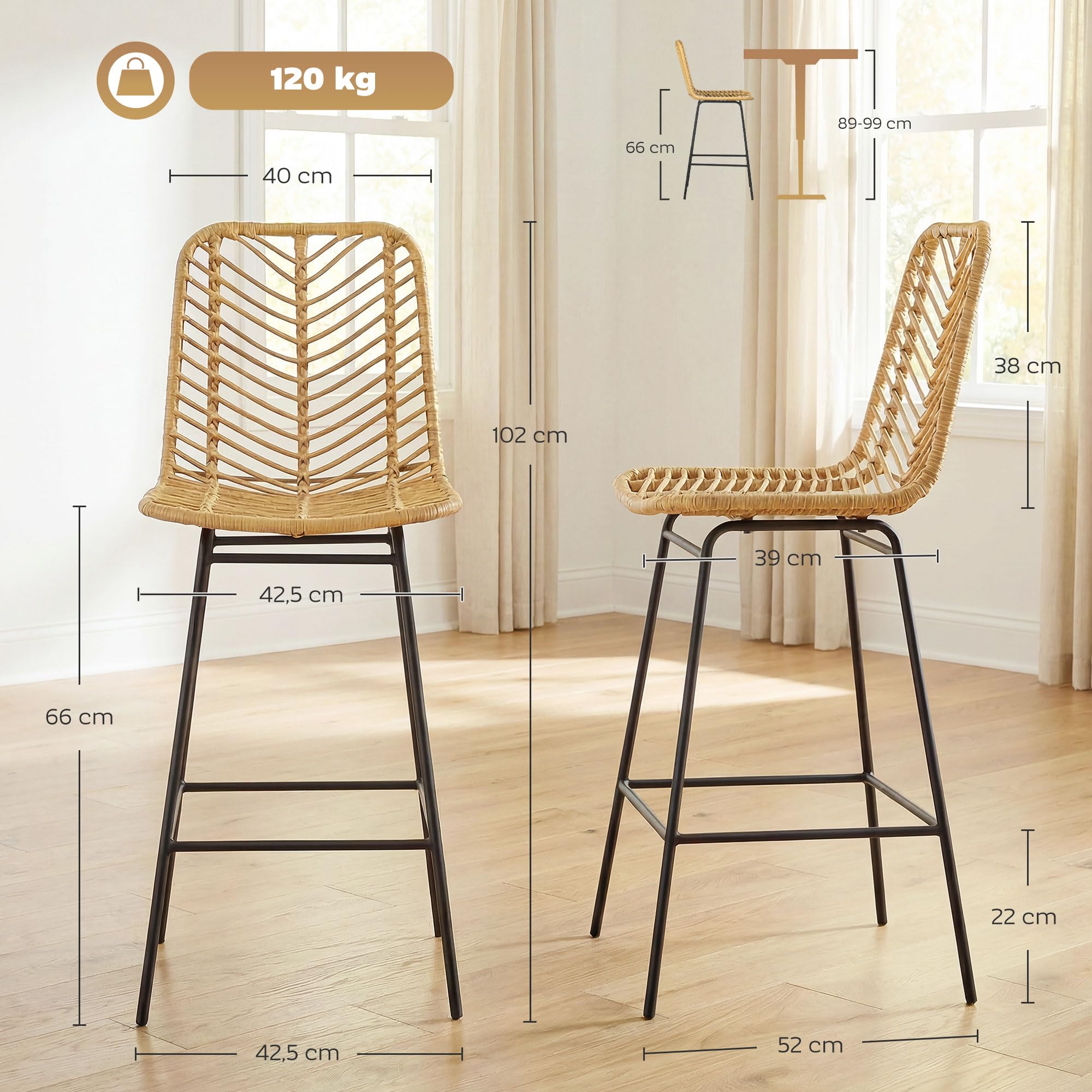 HOMCOM Lot de 2 Tabourets de Bar, Chaises de Bar, Assise 66H cm, Dossier en Cannage et Repose-Pieds, Cadre en Acier, Design Bohème, Chaises Hautes Cuisine, Salle À Manger, Comptoir, Jaune