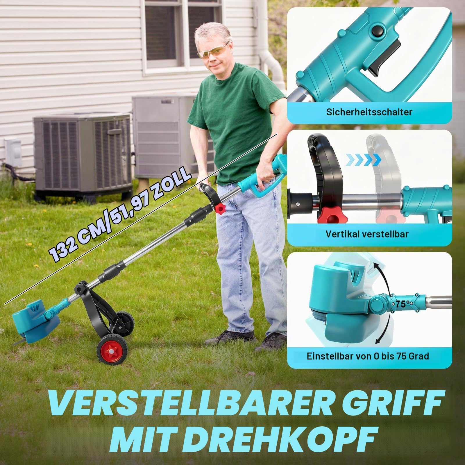 WingFly Rasentrimmer mit Akku und ladegerät, Akku Rasentrimmer für Makita-Akkus mit 2 x 2,40 Ah Batterien, 4 Klingentypen, Seitlichen RäDern, 21V Akku Freischneider für Garden Trimmen
