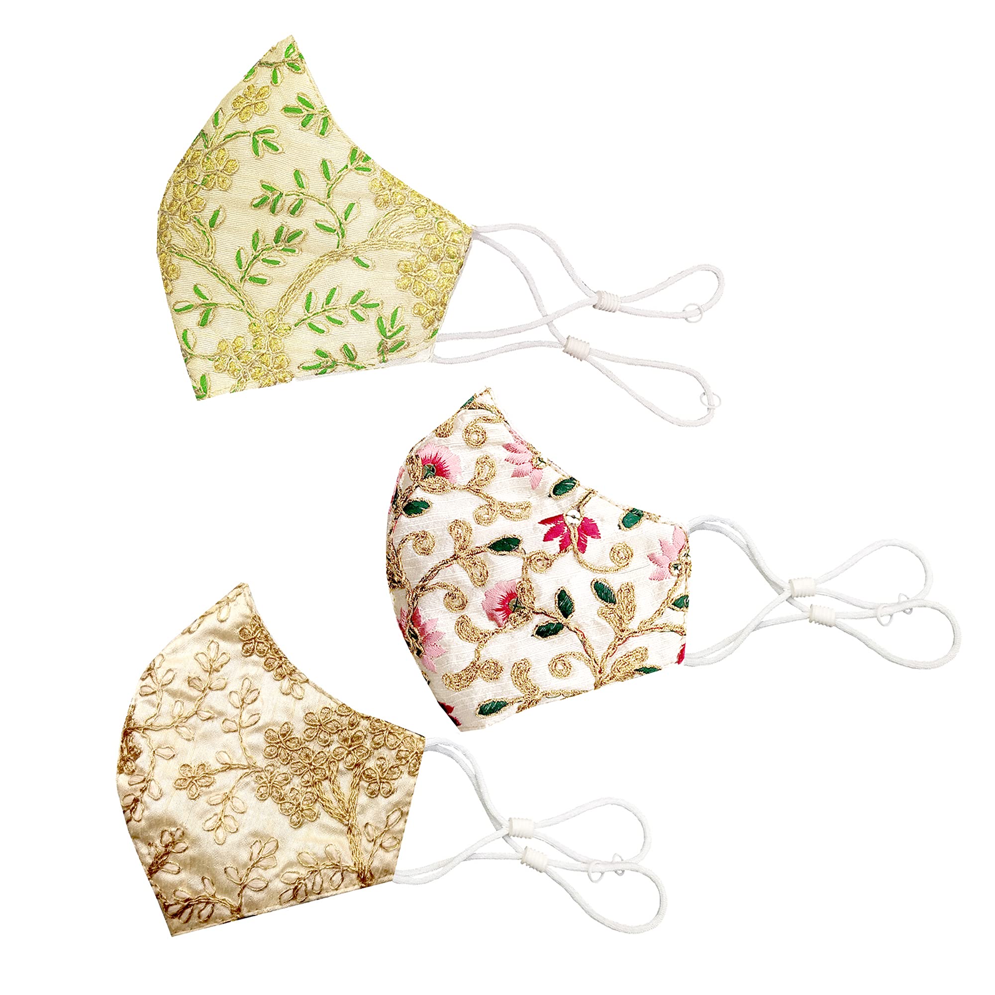 Fclues Women and Men for Marriage Golden Function Mask, Wedding, Party, Casual, Safty Protection, Reusable, Free size, Multi Color TREEGRGLDMLT ( Pack of 3), Without Valve