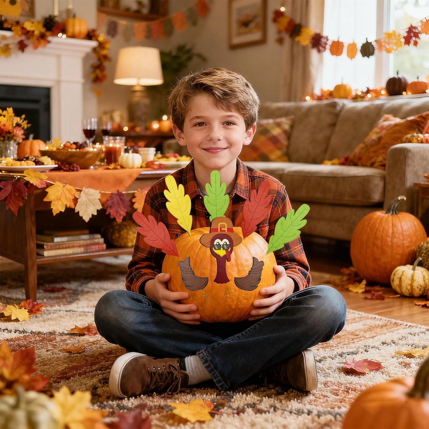 BOUTICOL 2 Sets Thanksgiving Pumpkin Turkey Making Kit, DIY Colorful Wooden Turkey Parts for Poke into Pumpkin for Autumn Fall Harvest Home Decor