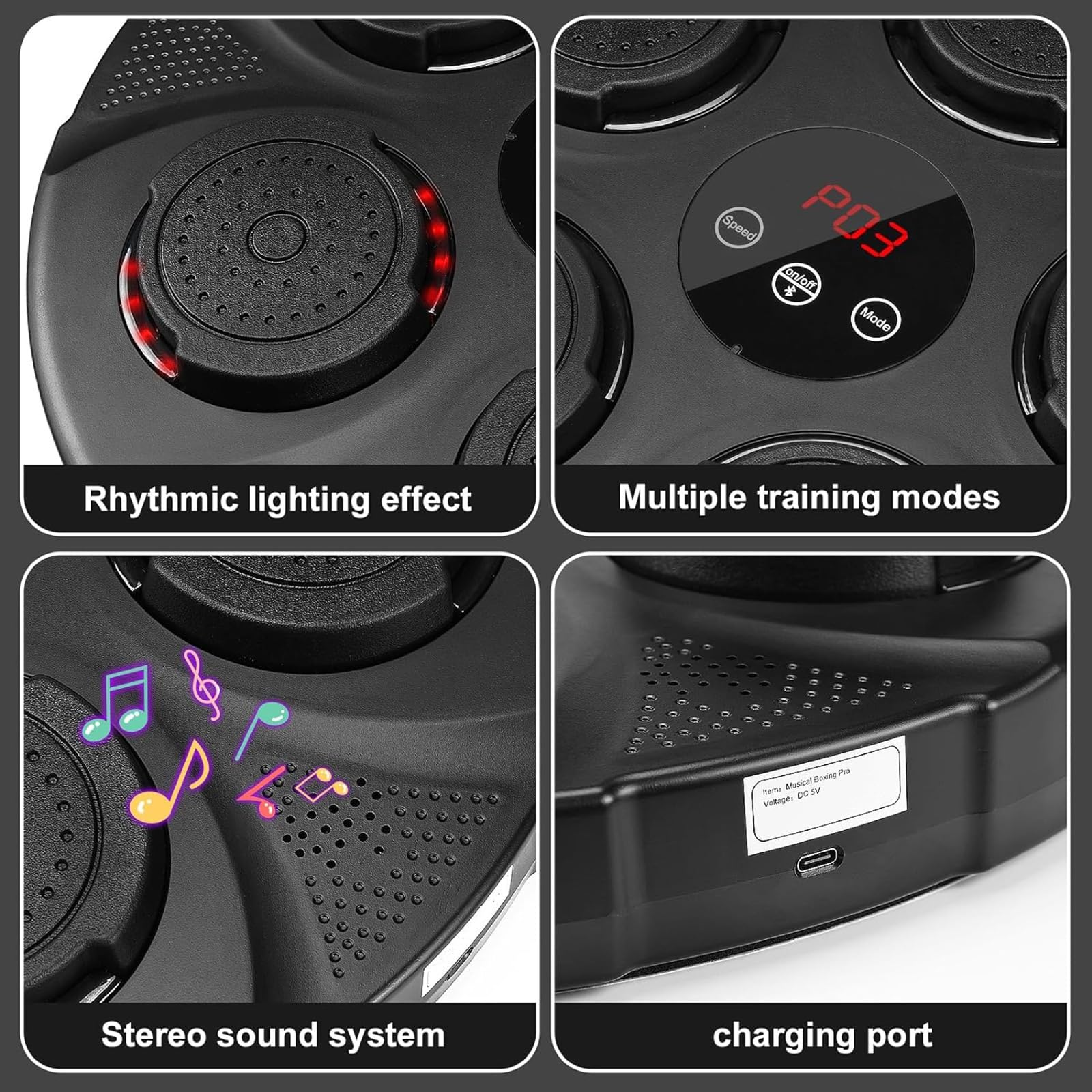 XUnada slimme muziekboksmachine, elektronische boksapparatuur Thuis, aan de muur gemonteerde bokszak met Bluetooth-muziek en LED-verlichting, boksdoel voor kinderen en volwassenen