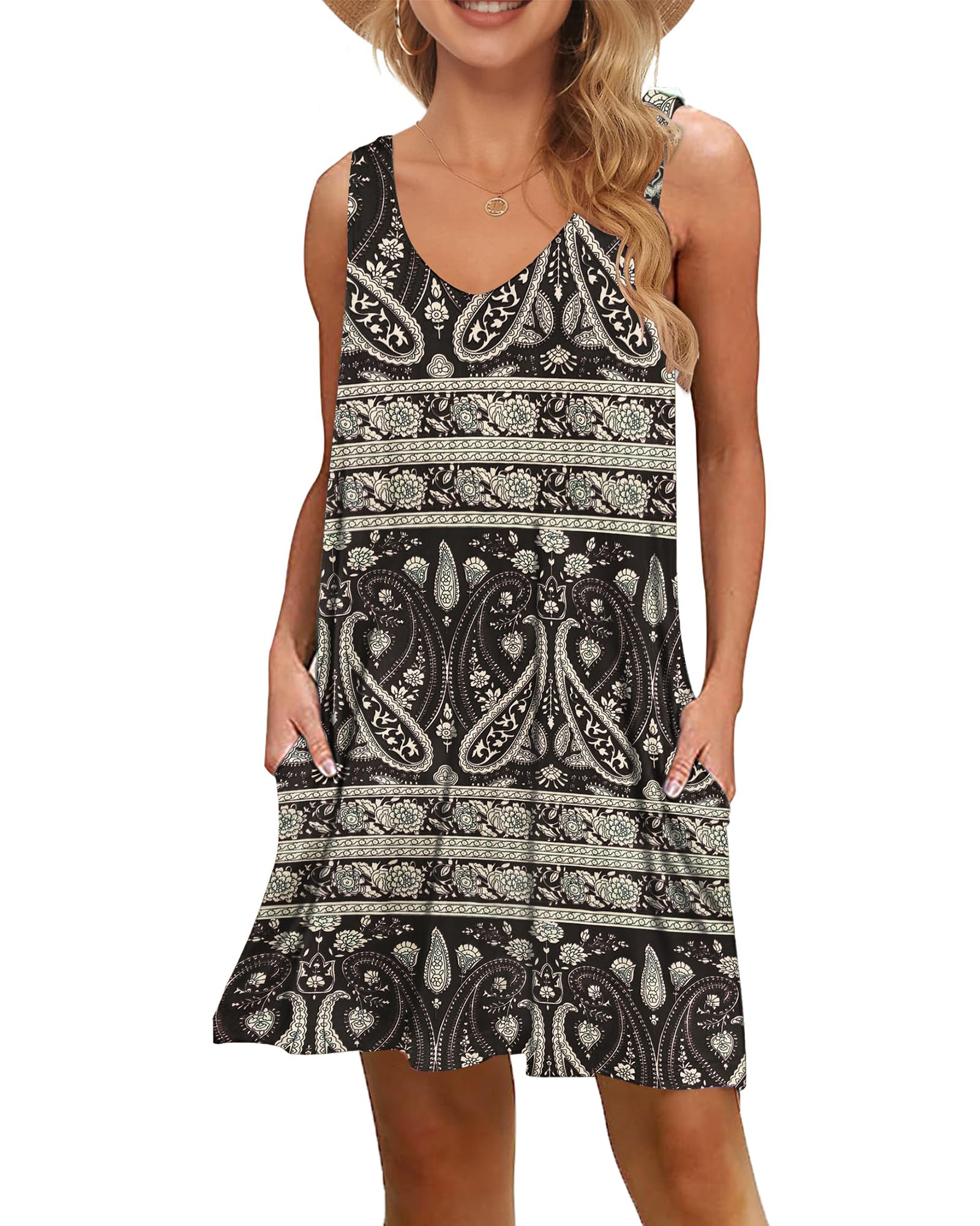 WNEEDU Abito Donna Estivo Copricostume Vestiti Estivi Corti con Scollo a V Semplice Casual Mare Prendisole con Tasche
