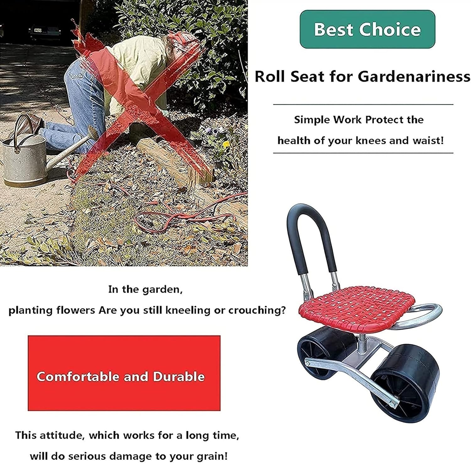 DELURA Garden Seat Garden Stool with Wheels Seat on Wheels Bench Trolley -Capacity 180 kg, Big Wheels, Adjustable Height