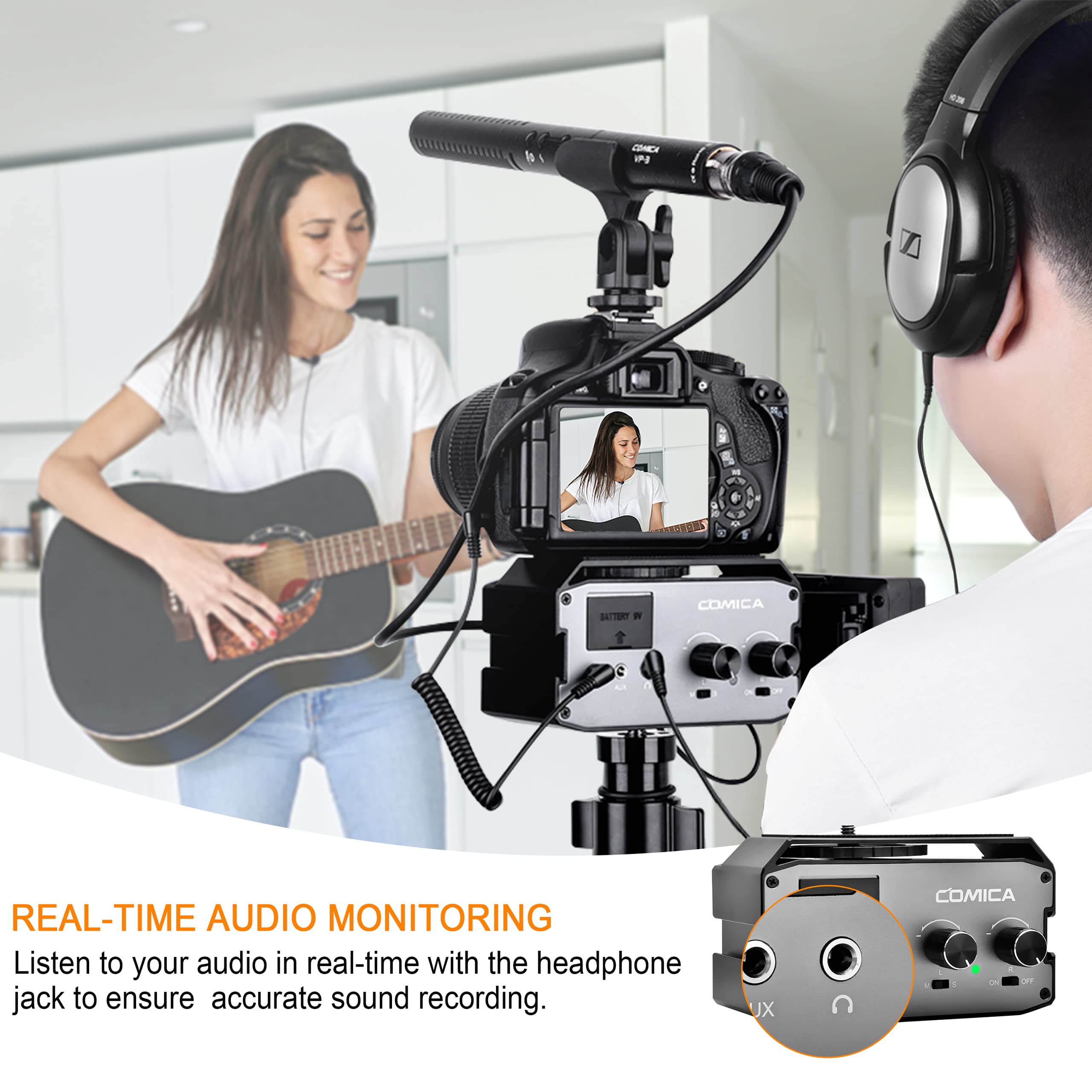 COMICA Mezclador de Audio CVM-AX3 Adaptador de micrófono de cámara de Doble Grupo con Entrada de 3.5 mm/XLR / 6.35 mm, preamplificador para cámara/videocámara Canon Sony DSLR Vlogging de Youtube
