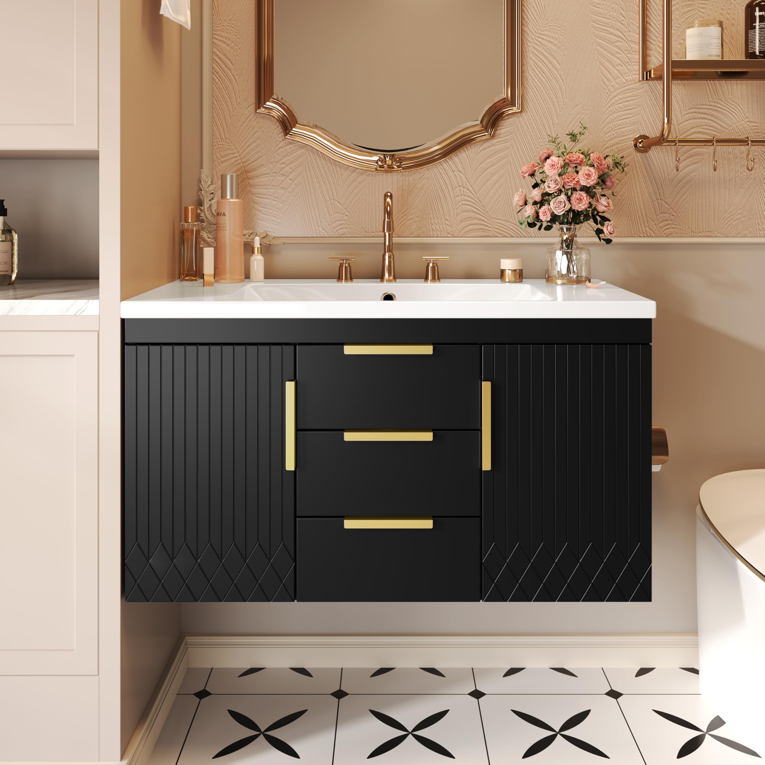 Merax 36 Inch Floating Bathroom Vanity Cabinet with Sink, Modern Fluted Wall Mounted Bathroom Vanity with 2 Drawers & 2 Doors, Gold Metal Pulls,