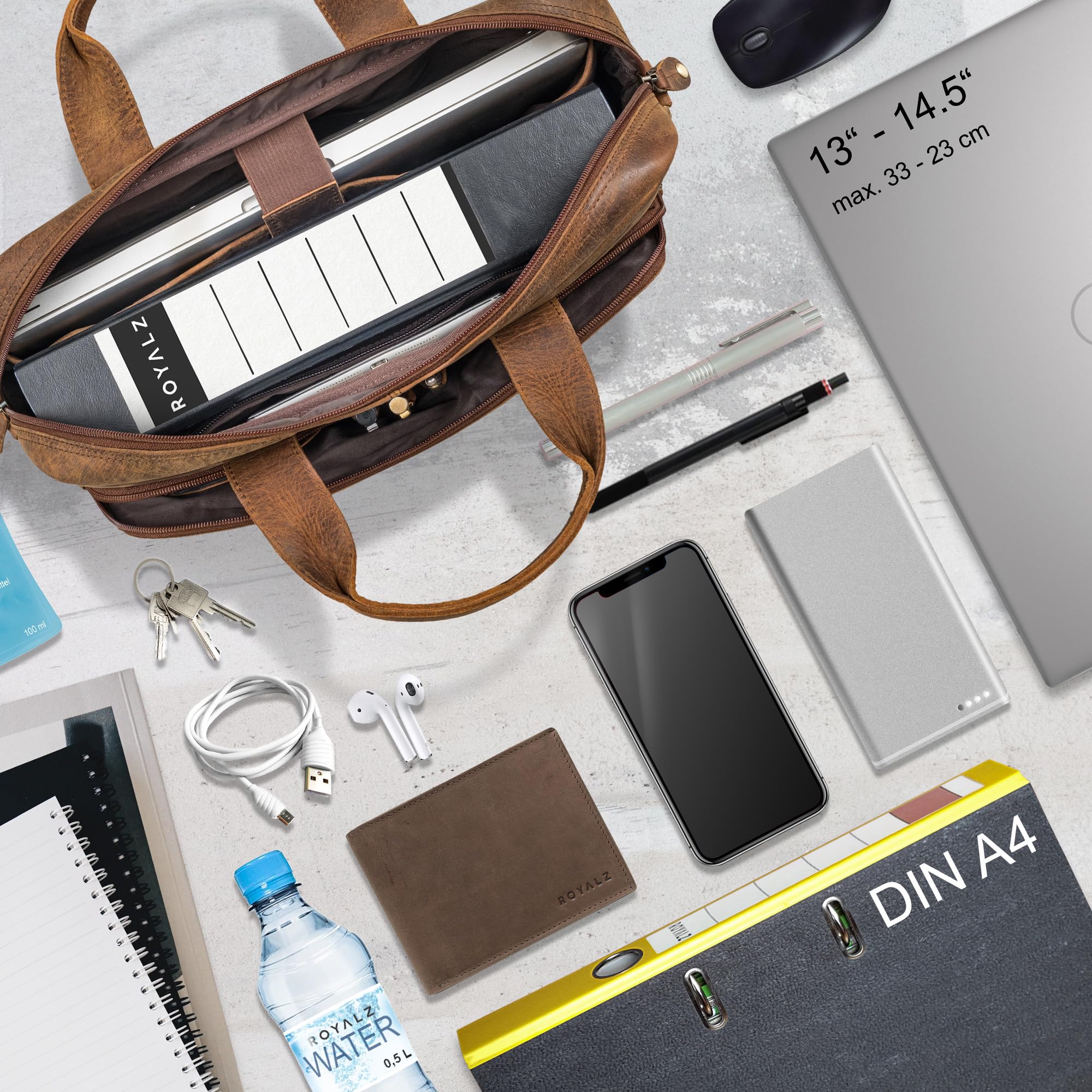 ROYALZ 'Lexington' borsa a tracolla moderna in vera pelle uomo donna medio-grande - borsa piatta in pelle per laptop 13-14,5 pollici da portare a tracolla