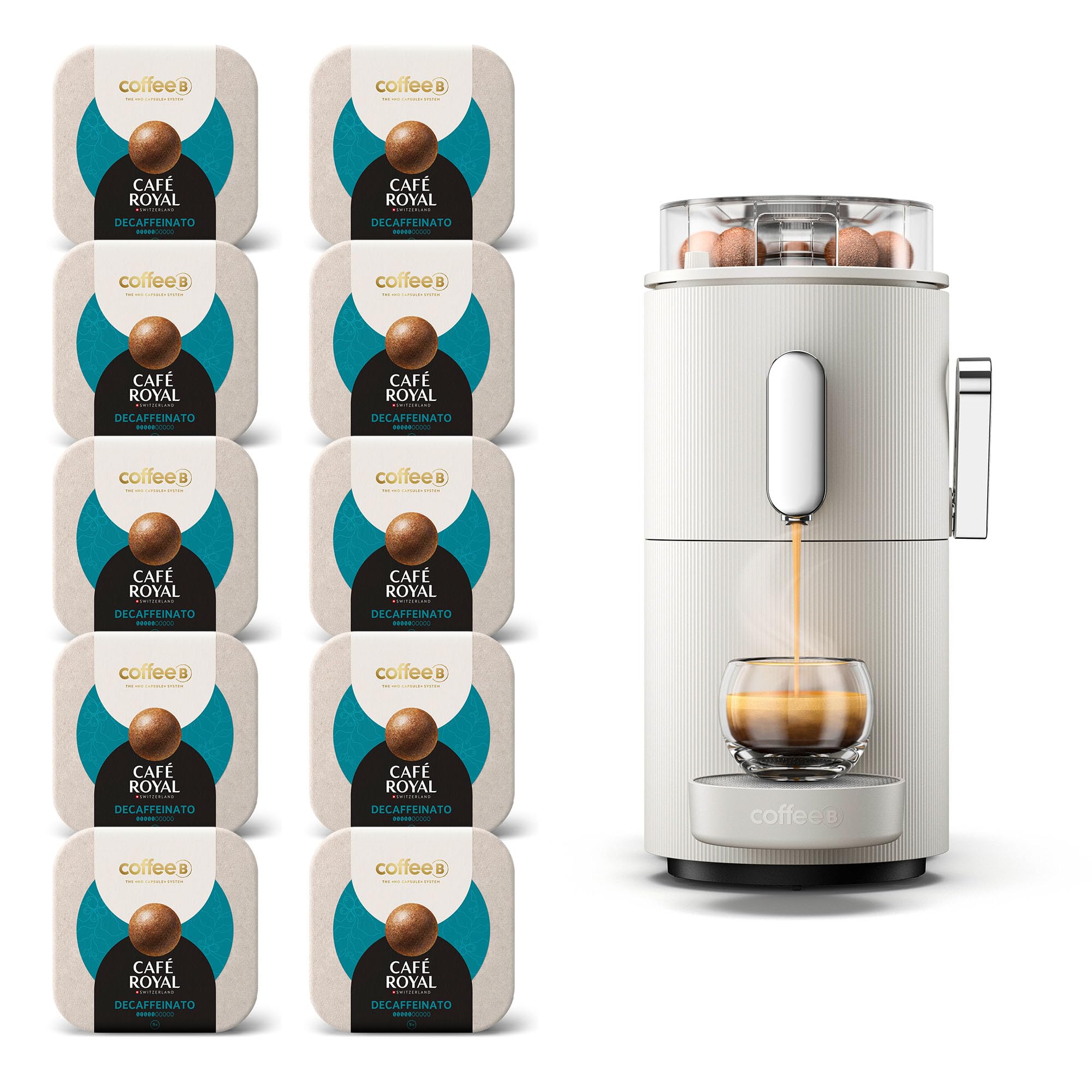 CAFE ROYAL SWITZERLAND PROFESSIONAL Machine à Café CoffeeB Globe Blanc 1.3L avec 90 Coffee Balls Déca - 100% Compostables
