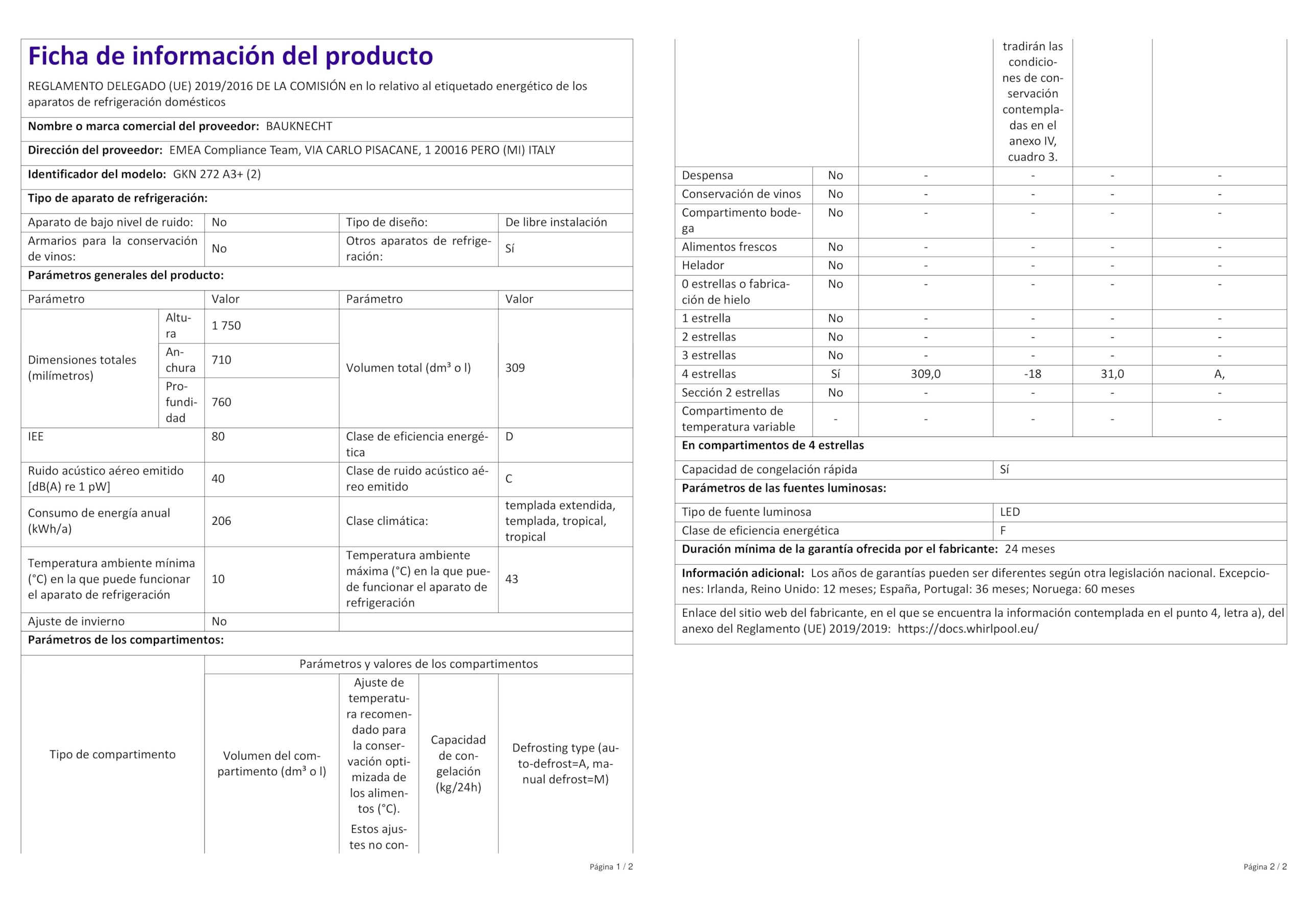 Bauknecht GKN 272 A3+ Congélateur, capacité utile totale de 309 l, NoFrost, valve EasyOpen, éclairage intérieur, commande électronique avec panneau de commande intérieur, blanc