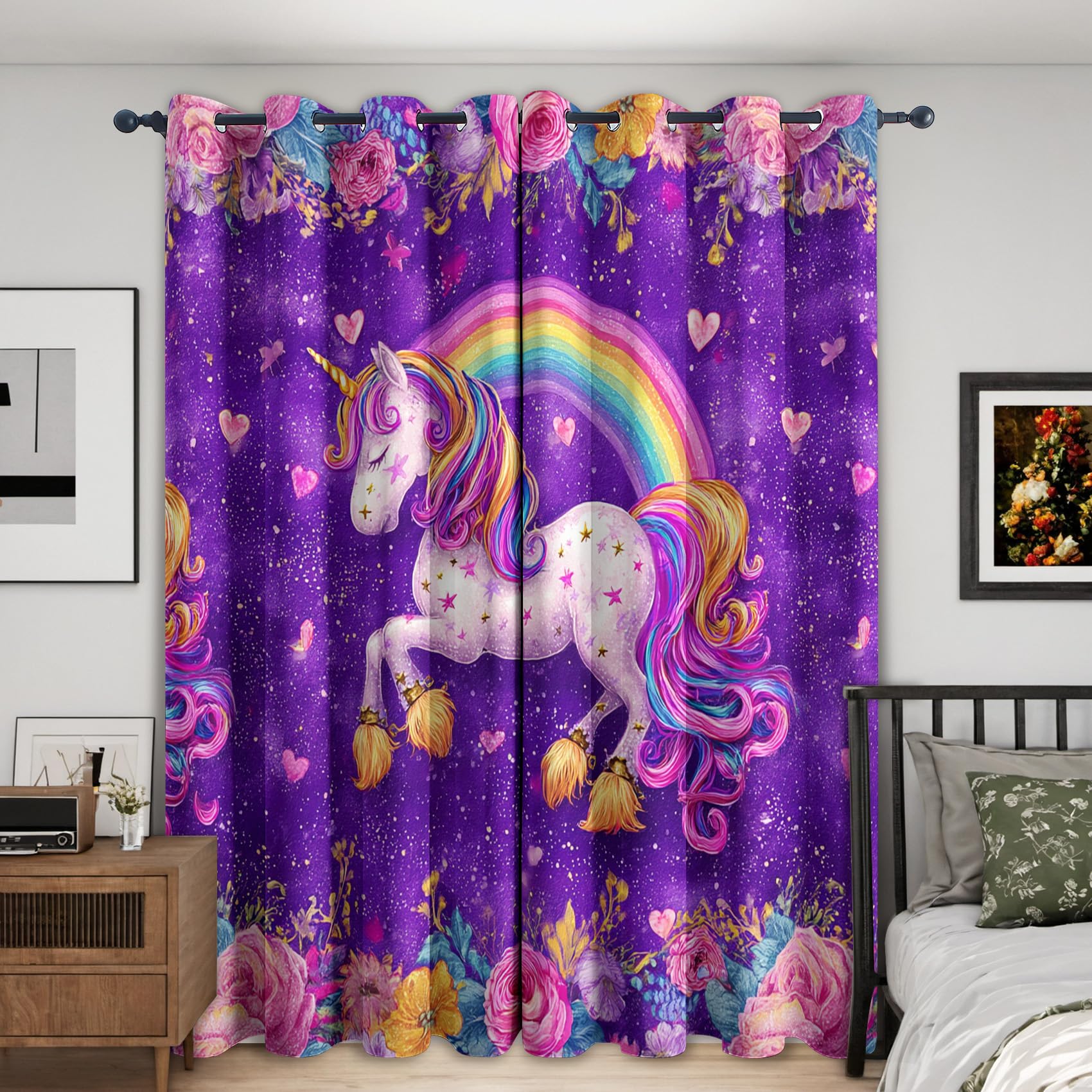 Générique Rideau Occultant Licorne, Lot de 2 Rideaux Occultant Thermique Isolant à Oeillets, Motif Enfants Filles Arcs-en-Ciel, Decoration Chambre Salon Fenetre, 140 L x 260 H (A-919)