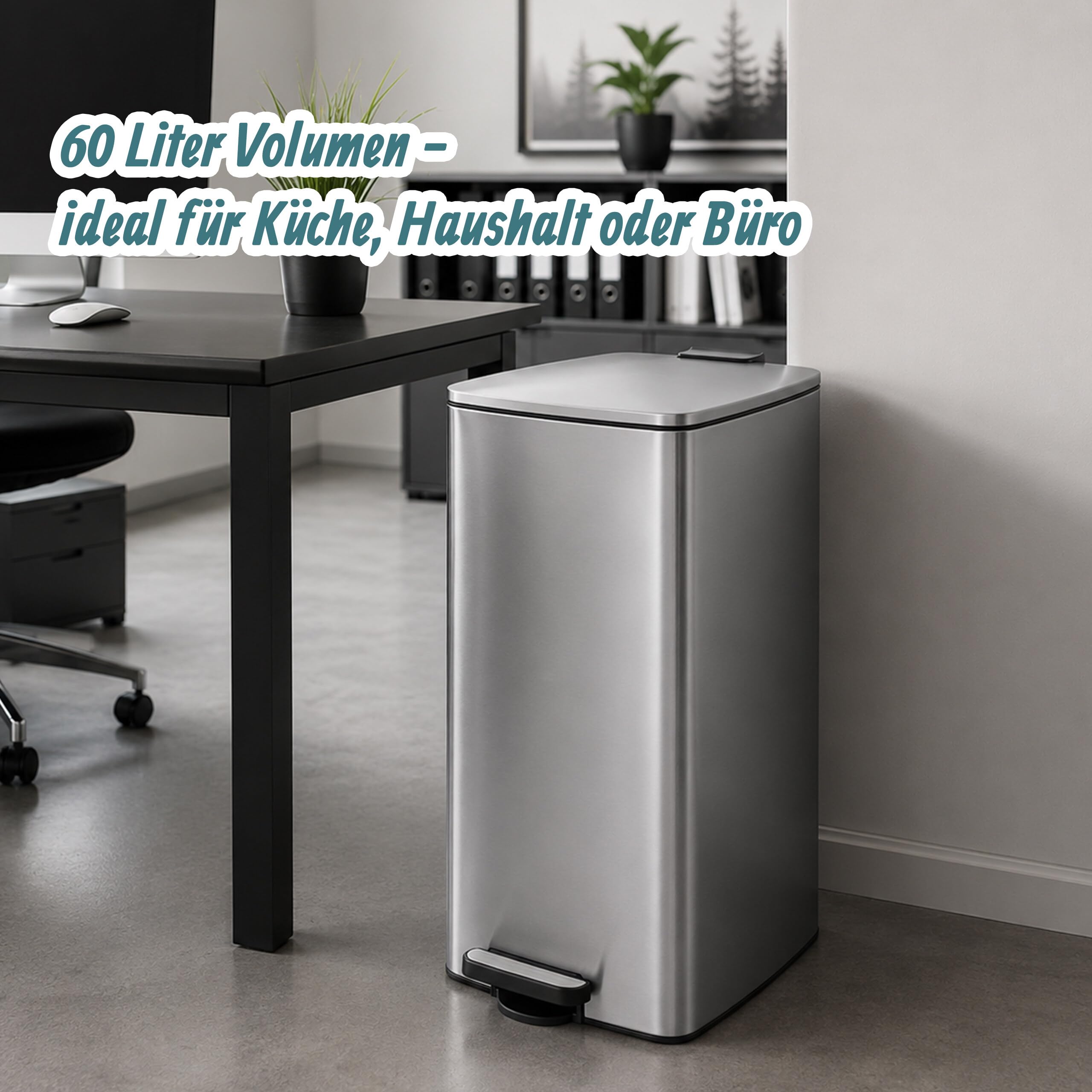 Relaxdays Mülleimer, 60 Liter, Küche, entnehmbarer Inneneimer, silber | Fußpedal, Softclose, Edelstahl, Tretmülleimer