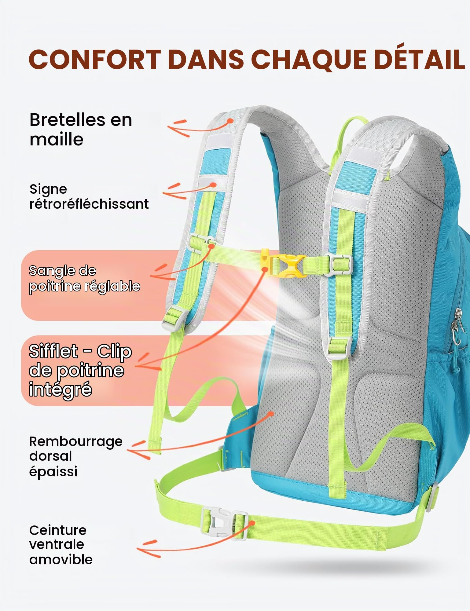 SKYSPER 15 L Sac à dos enfant, poche hydratation et sifflet de sécurité | Léger, pour enfants de 10 à 16 ans, idéal pour le camping, sifflet de sécurité, compartiment à eau, adapté aux randonnées