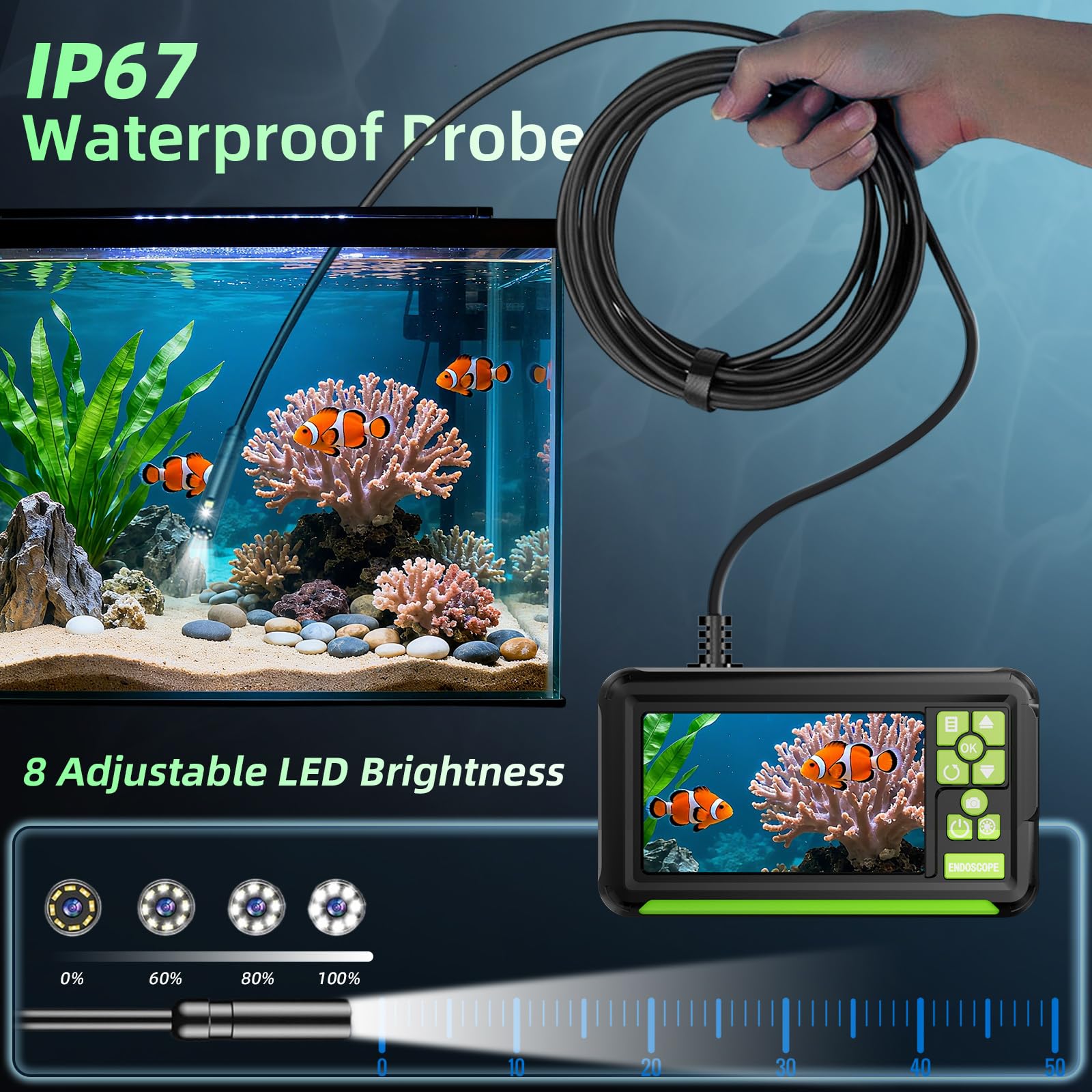 Cámara Endoscópica de Doble Lente, 4,3" Pantalla IPS Endoscopio Camara de Inspeccion con 8 Luces LED, Camara Inspeccion Tuberias Impermeable IP67, Cable Semi-Rígido de 5M, Toma Fotos y Graba Video - 5