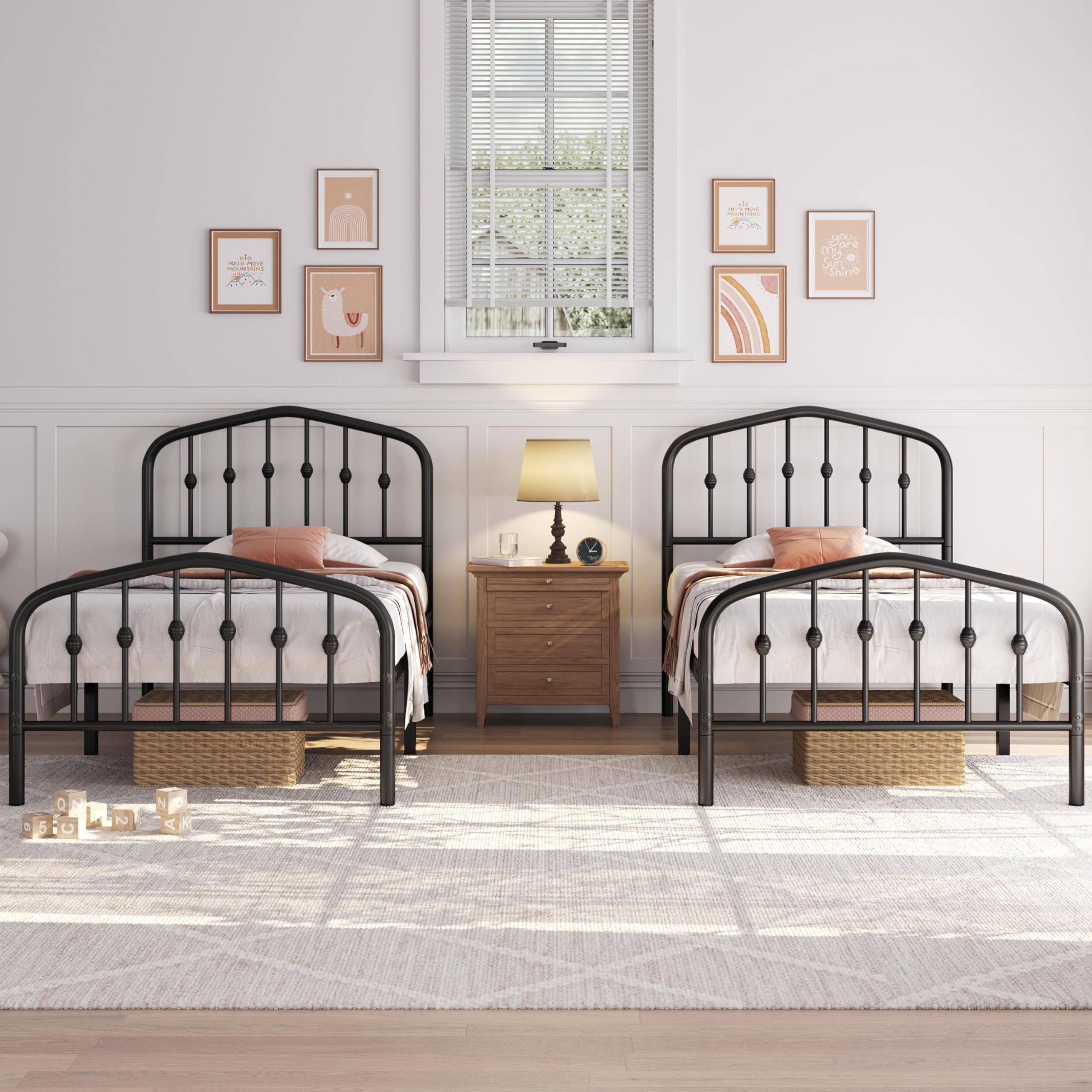 Yaheetech 2er Set 90 x 200 cm, Vintage Metallbett mit kronenförmigem Kopfteil, Stabiles Bettgestell Einzelbett aus Metall, Robust & Leichte Montage Gästebett Jugendbett Tagesbett, Schwarz