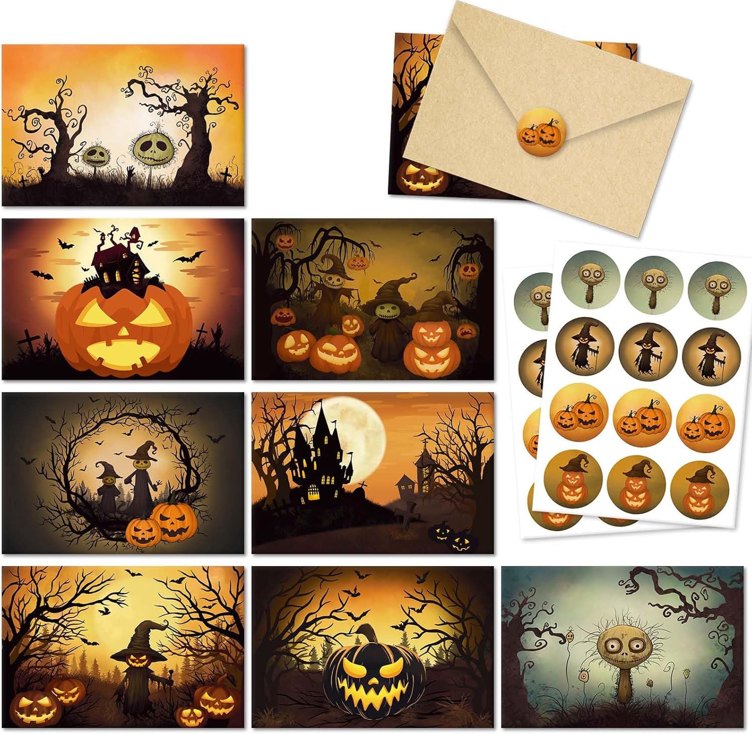 SuperShunhu 24 Pack Vintage Halloween Greeting Cards, Jack-O'-Lantern And Witch Halloween Cards, Artful Spooky Halloween Themed Card Set, 8 Designs Halloween Cards Bulk