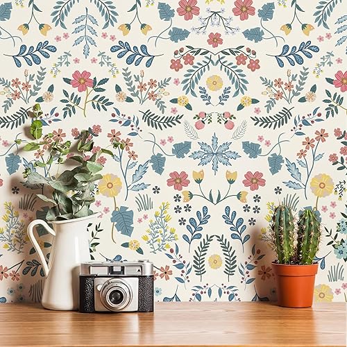 Miniatura 8 de Simon&Siff Papel tapiz bohemio para despegar y pegar, diseño de margaritas florales, color amarillo, 472 x 17.3 pulgadas