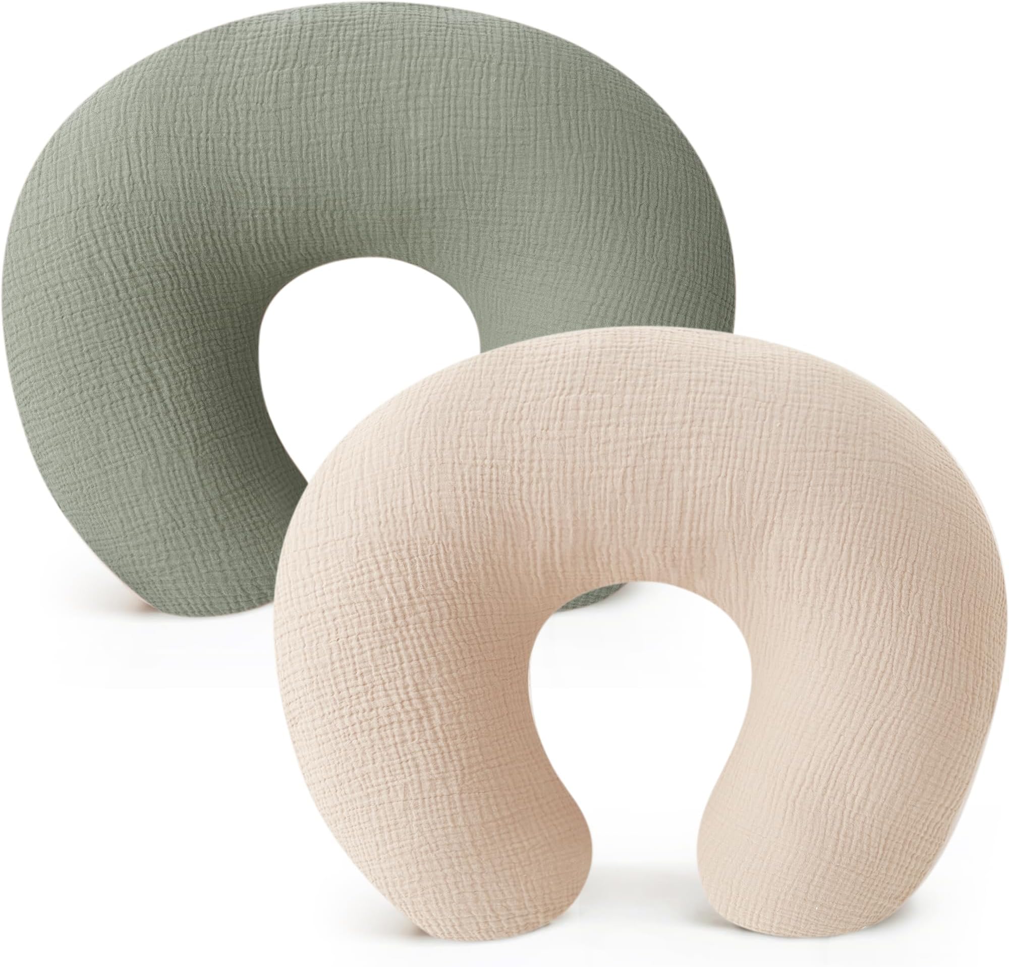 Konssy Muslin Nursing Pillow Covers, Soft and Cute Nursing Covers for Breastfeeding Pillows, Ideal for Newborn Baby Boys and Girls (Fog Green, Cream) - 2 Pack