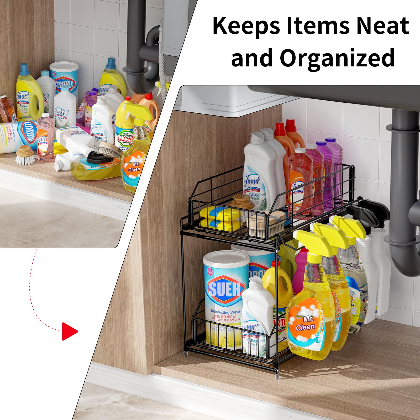 SUEH DESIGN Organizadores y almacenamiento para debajo del fregadero, almacenamiento de metal de 2 niveles con riel para colgar para cocina, baño, organizador de gabinete, paquete de 2
